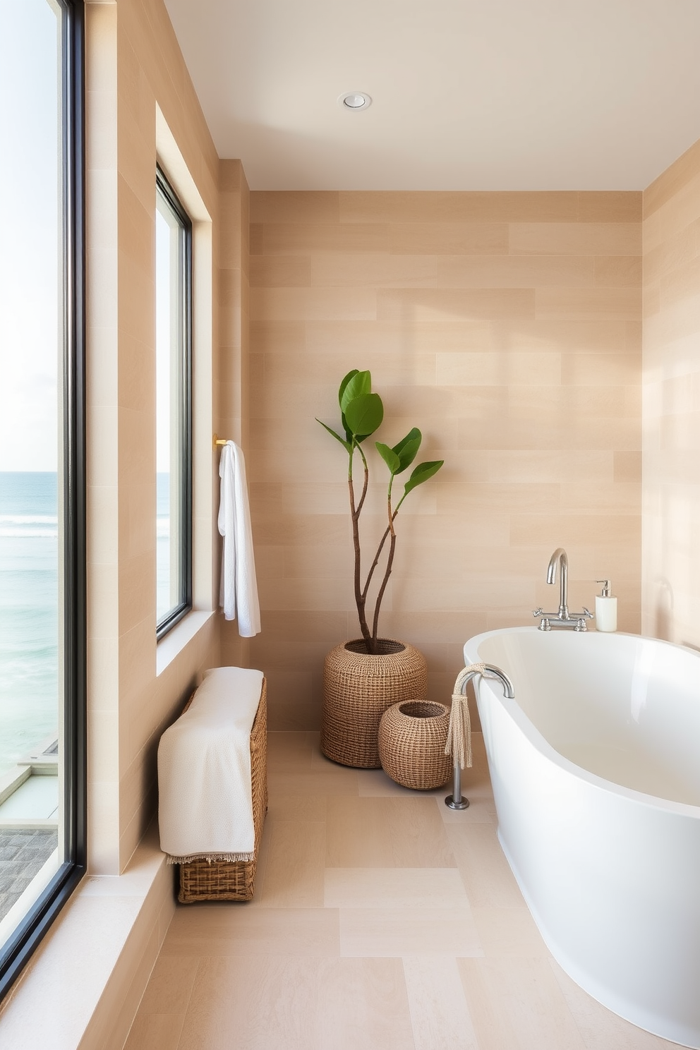 A serene coastal bathroom featuring driftwood mirrors that enhance the rustic charm of the space. The walls are painted in soft seafoam green, complemented by sandy beige accents and natural wood elements throughout the design.