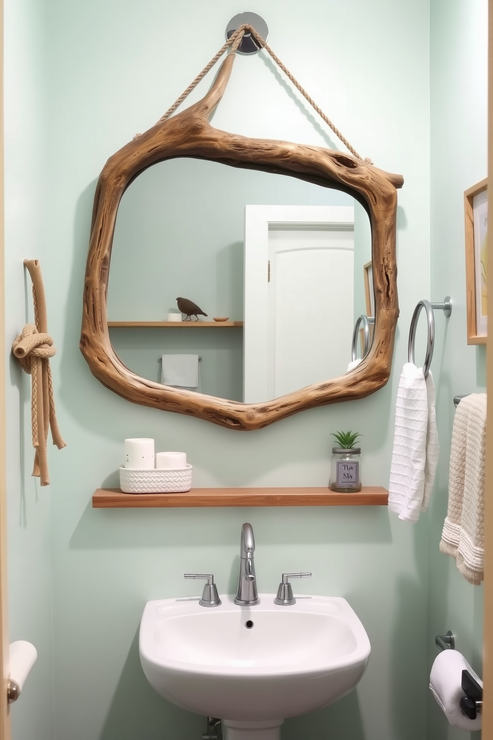 A serene coastal bathroom design featuring a hanging driftwood mirror above a sleek white sink. The walls are painted in soft seafoam green, complemented by natural wood accents and nautical decor.