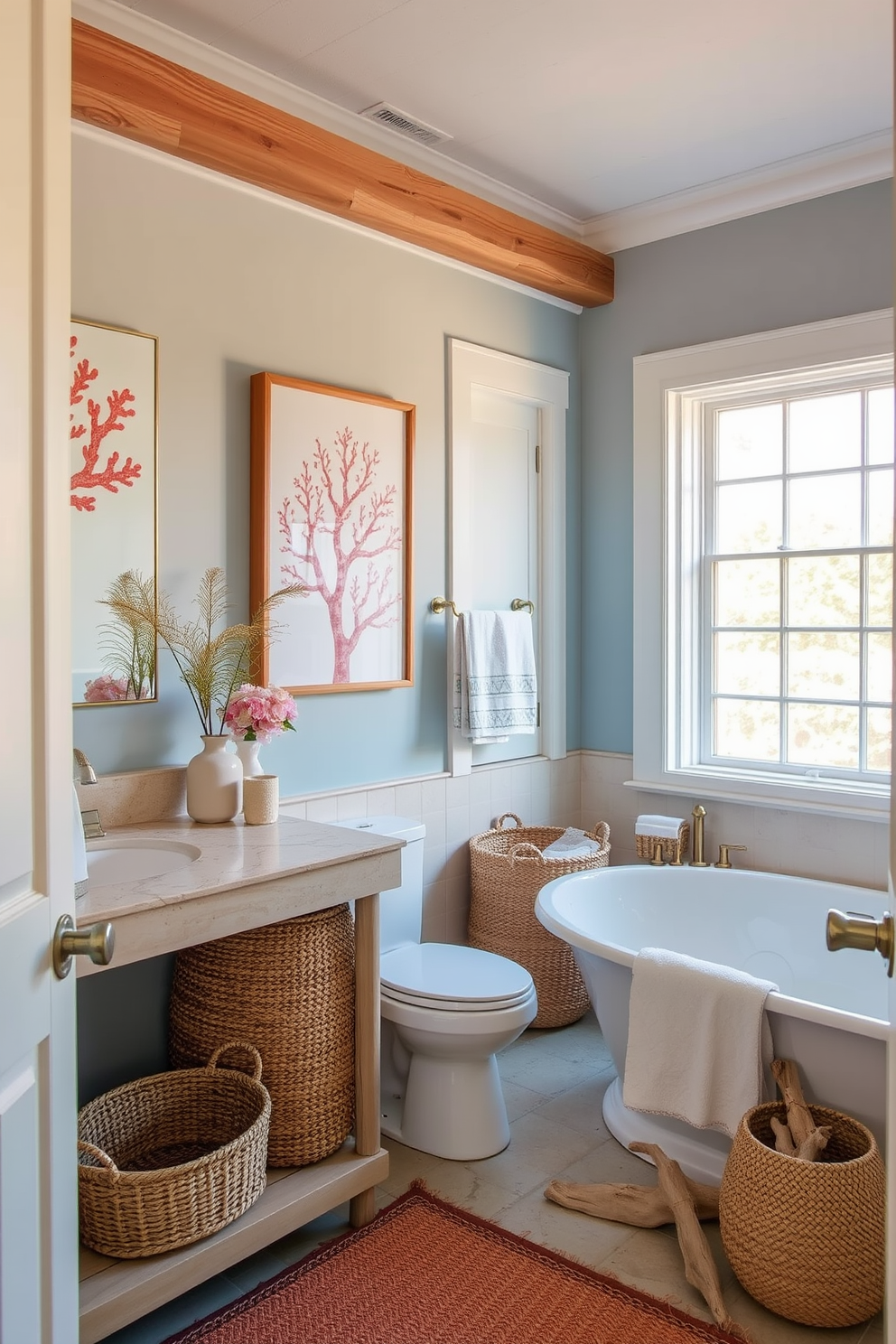 Coral inspired artwork adorns the walls of a serene coastal bathroom. The artwork features vibrant coral patterns in shades of pink and orange, creating a lively focal point. The bathroom design incorporates soft blue and sandy beige tones to evoke a beachside retreat. Natural light floods the space through a large window, highlighting the textures of the woven baskets and driftwood accents.