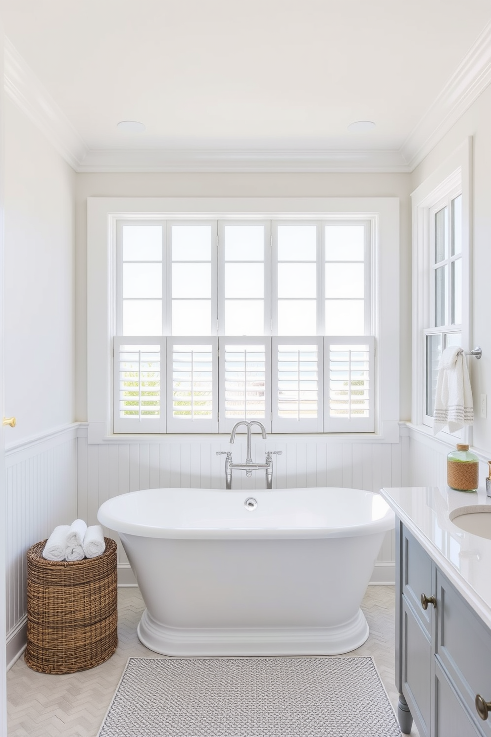 A coastal bathroom design featuring white beadboard wainscoting that adds a touch of charm. The space includes a freestanding soaking tub, surrounded by large windows that allow natural light to flood in, creating a serene atmosphere.