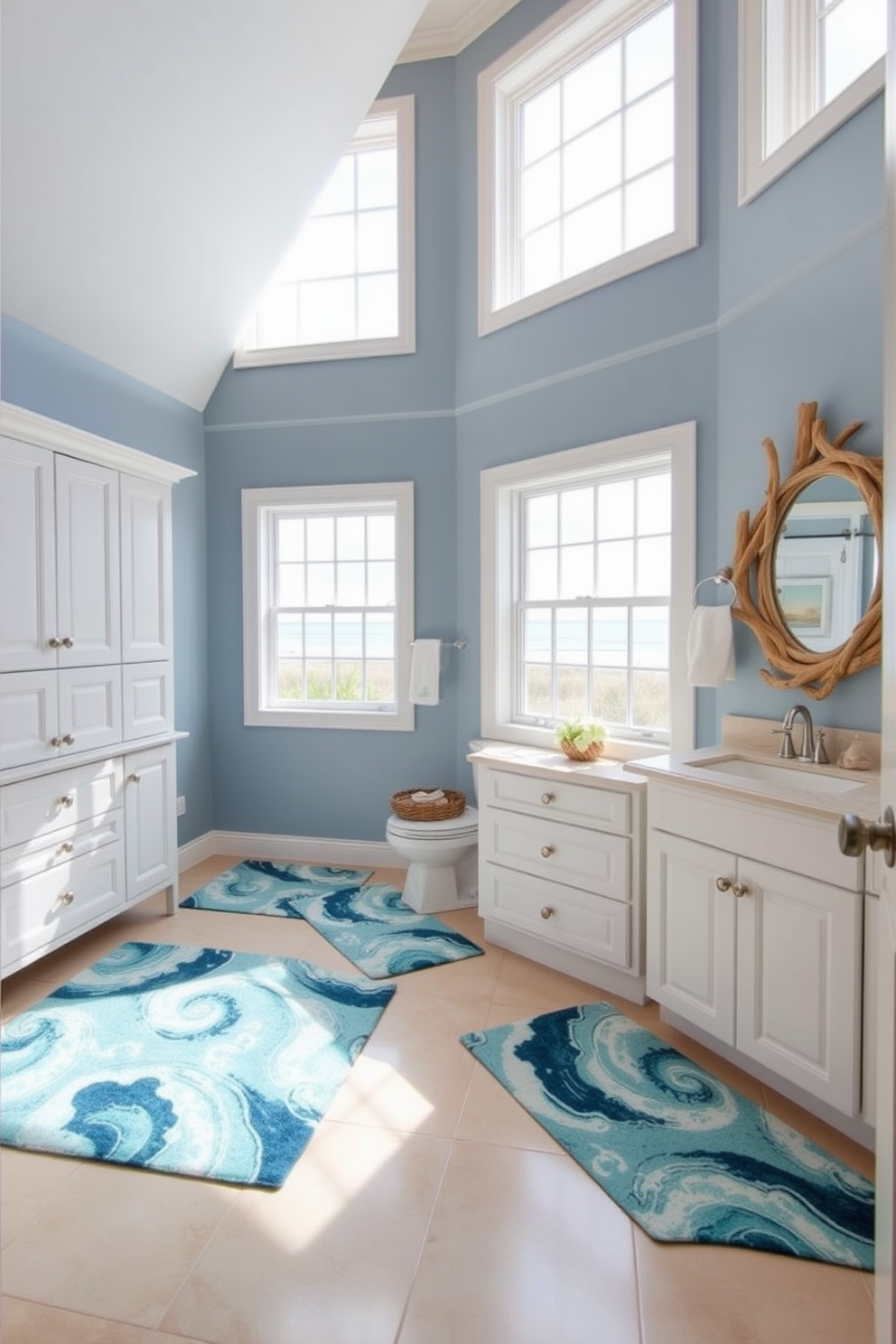 A serene coastal bathroom with vintage lanterns providing warm ambient lighting. The walls are painted in soft seafoam green, and the floor is adorned with whitewashed wooden planks. The vintage lanterns hang from the ceiling, casting a gentle glow over a freestanding soaking tub. Nautical-themed decor, such as seashells and driftwood accents, enhances the tranquil atmosphere.