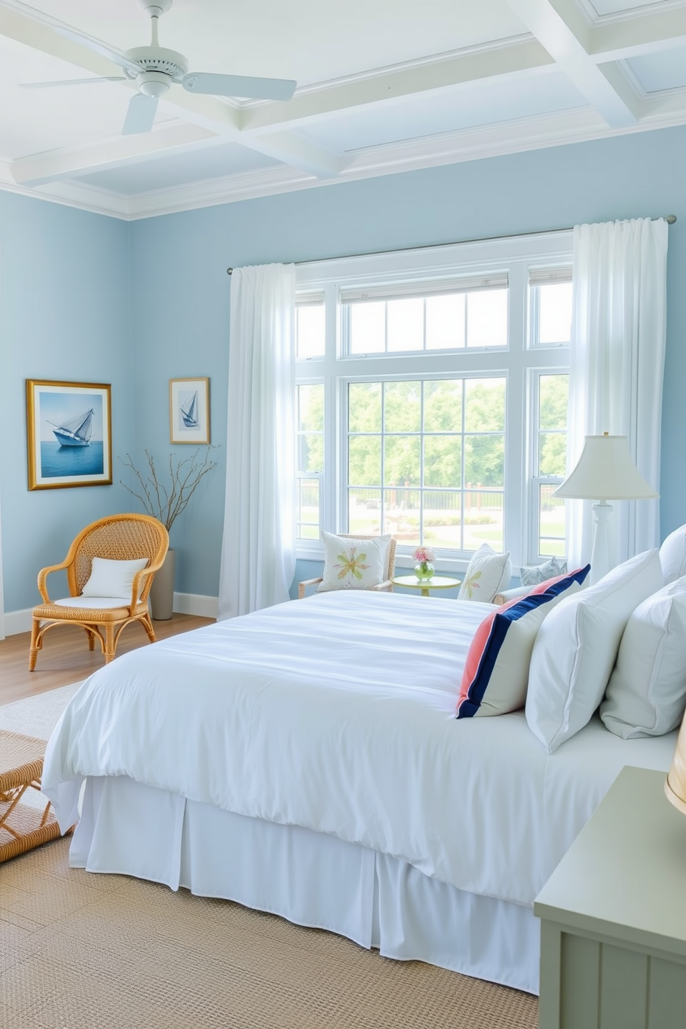 A serene coastal bedroom featuring light blue walls complemented by crisp white trim. The room includes a plush king-size bed dressed in airy white linens and decorative pillows in shades of navy and coral. Natural light floods the space through large windows adorned with sheer white curtains. A cozy seating area with a rattan chair and a small side table invites relaxation, while nautical-themed artwork adds a charming touch to the decor.