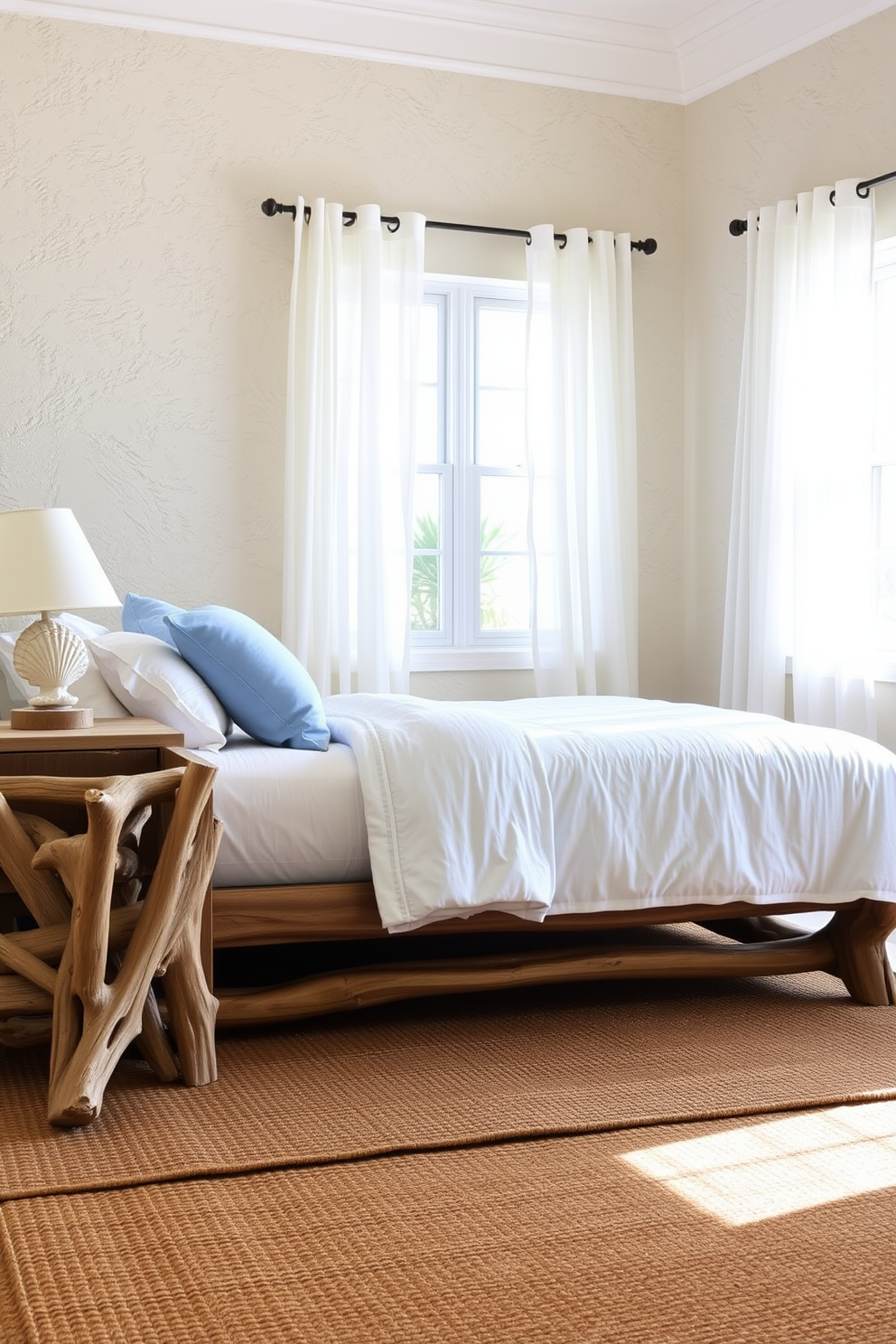 A serene coastal bedroom featuring driftwood accents in the furniture. The bed is adorned with soft blue and white linens, while a driftwood nightstand holds a small lamp with a seashell base. Natural light floods the room through sheer curtains, highlighting the textured walls painted in a light sandy hue. A woven jute rug lies beneath the bed, adding warmth and a touch of beachy charm to the space.