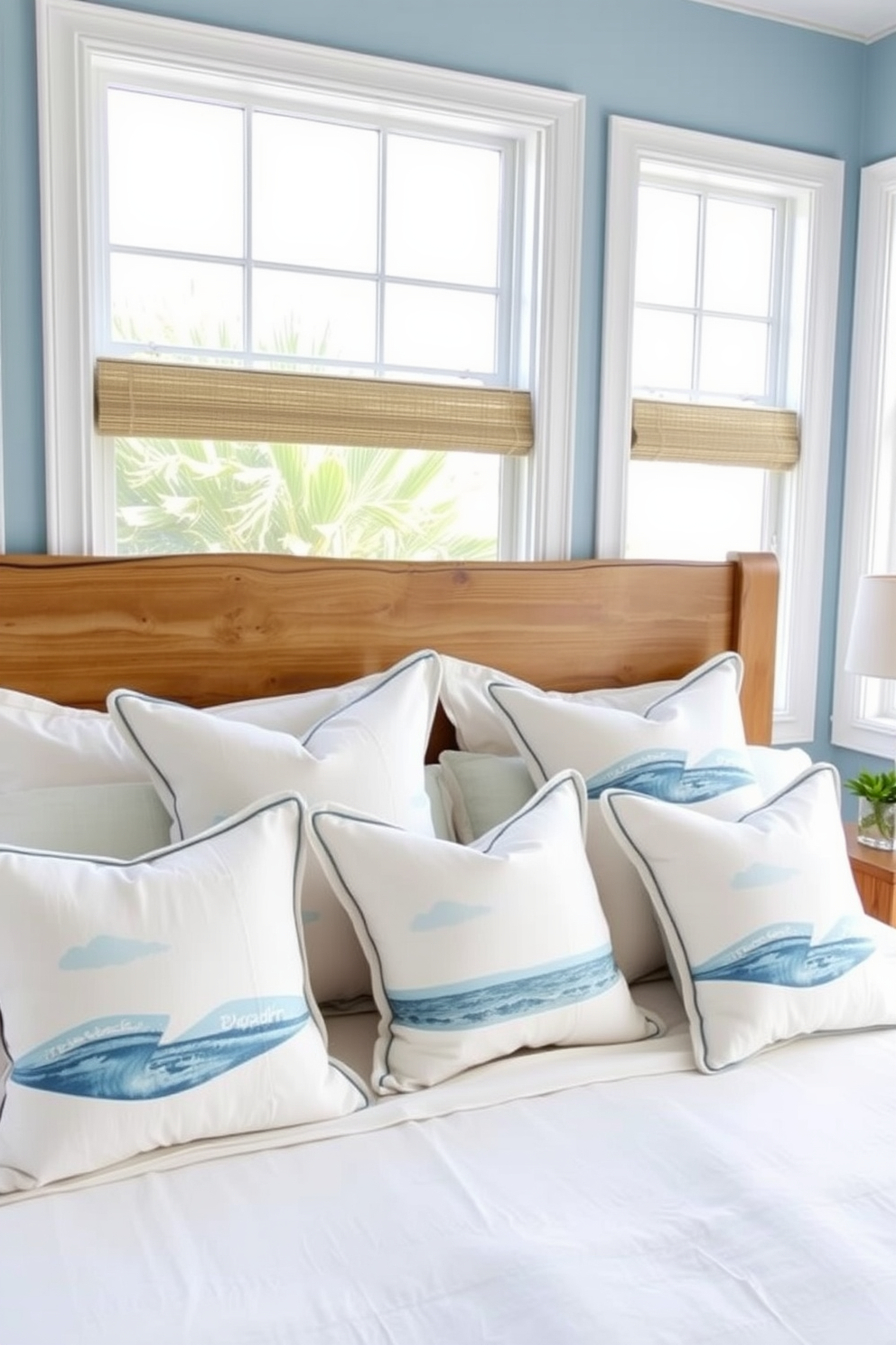 Create a serene coastal bedroom featuring soft blue walls and natural light flooding in through large windows. The bed is adorned with beachy throw pillows showcasing ocean motifs, complemented by light linen bedding and a driftwood headboard.