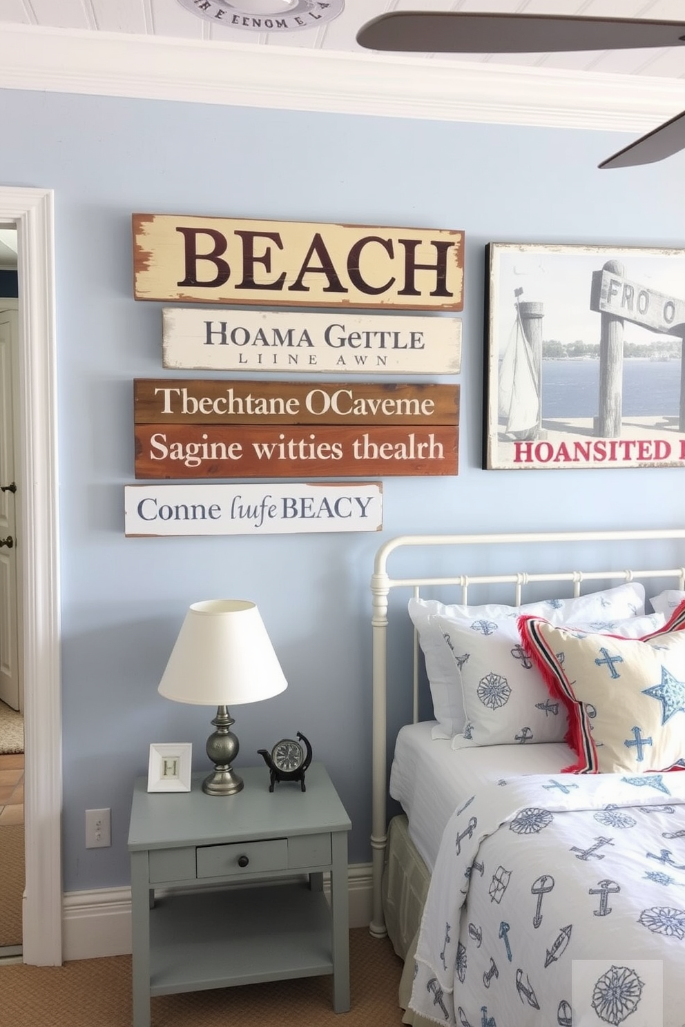 A serene coastal bedroom featuring vintage boat oars as wall decor. The room is adorned with soft blue and white linens, and natural light floods in through large windows with sheer curtains.