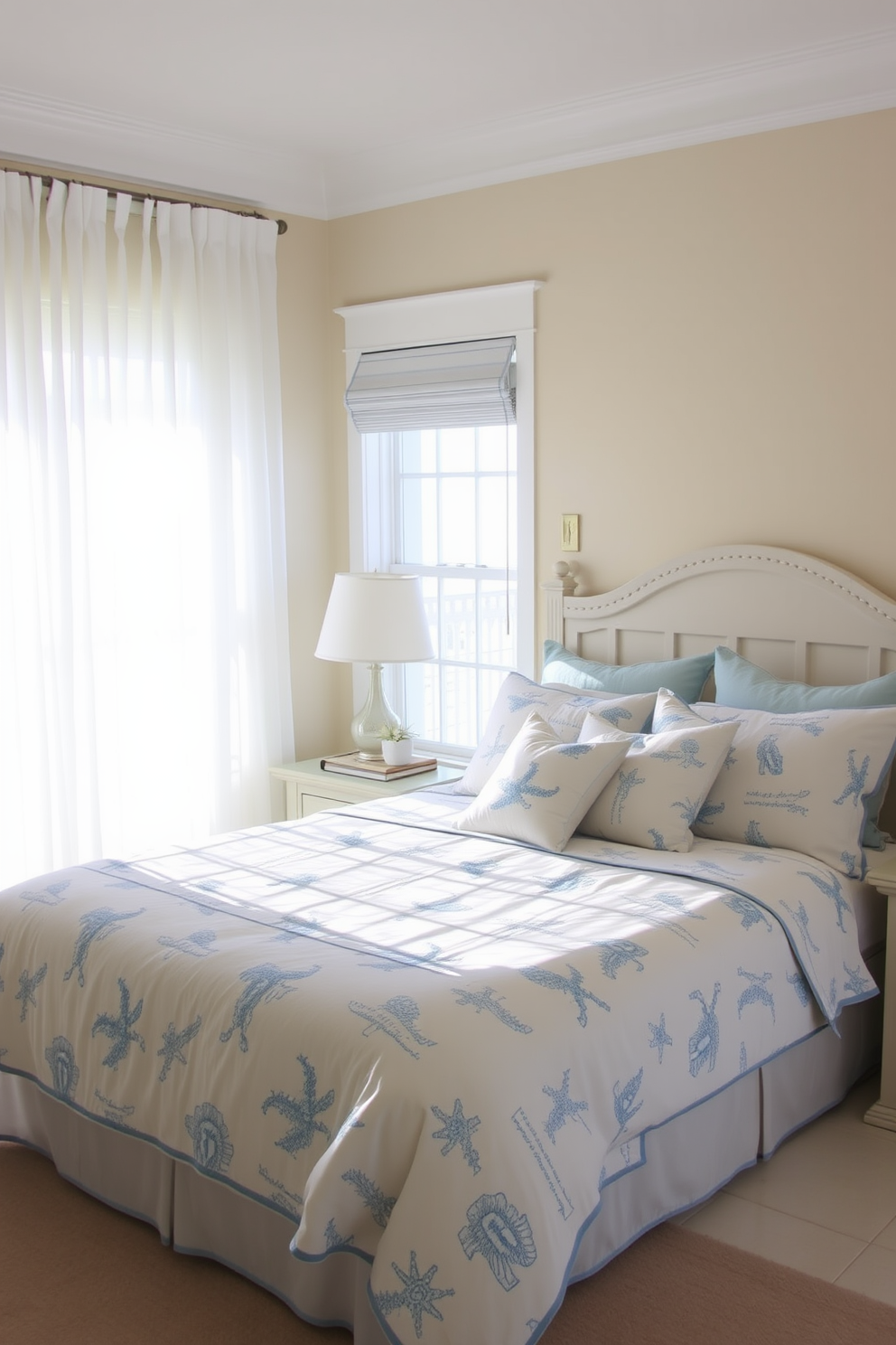 A serene coastal bedroom featuring glass vases filled with beach sand placed on a light wooden nightstand. The walls are painted in a soft blue hue, and sheer white curtains flutter gently in the ocean breeze.