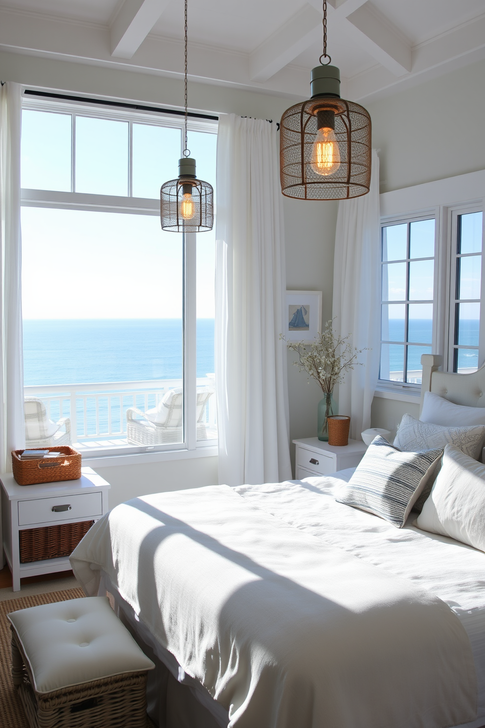 A serene coastal bedroom infused with natural light. The room features hanging pendant lights above the nightstands, casting a warm glow that enhances the tranquil atmosphere. Soft blue and white color palettes dominate the space, with textured linens on the bed and woven baskets for storage. Large windows offer views of the ocean, while sheer curtains flutter gently in the breeze.