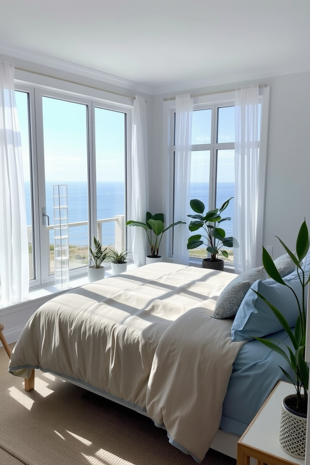 A serene coastal bedroom filled with natural light. The walls are painted in a soft white, and the bedding features shades of blue and sandy beige. Large windows offer a view of the ocean, while sheer curtains gently flutter in the breeze. Potted indoor plants are placed strategically around the room, adding a fresh touch to the coastal aesthetic.