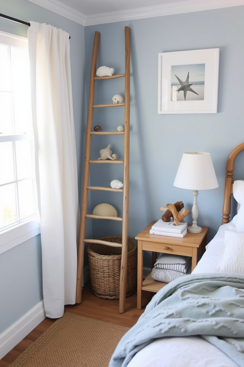 A cozy coastal bedroom featuring a ladder shelf adorned with various beach finds such as seashells and driftwood. The walls are painted in a soft blue hue, complemented by white bedding and natural fiber rugs for a relaxed seaside vibe.