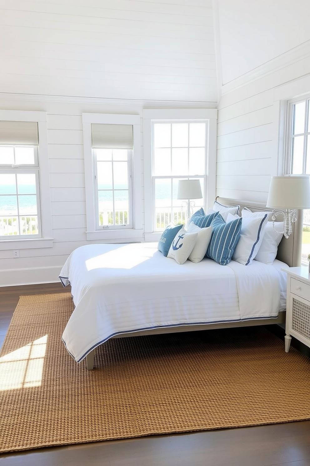 Crisp white shiplap accent wall creates a fresh and airy atmosphere in the coastal bedroom. The room features a king-sized bed adorned with soft blue and white linens, complemented by nautical-themed throw pillows. Large windows allow natural light to flood the space, showcasing views of the ocean. A woven jute rug lies under the bed, adding warmth and texture to the light-filled room.