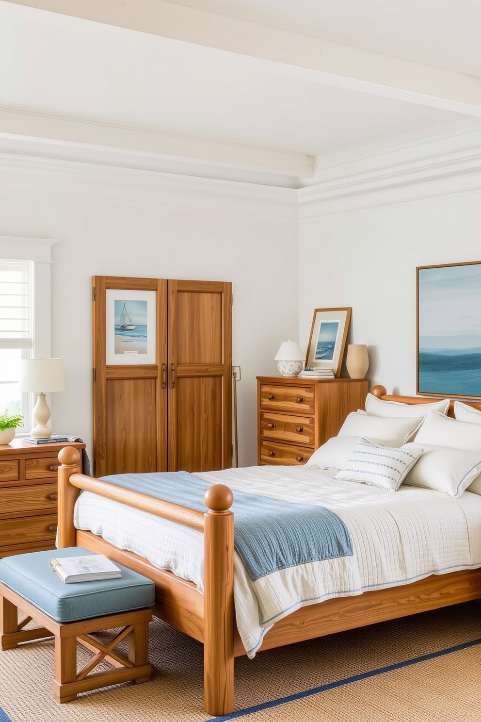 A serene coastal bedroom featuring soft blue walls that evoke the colors of the ocean. The space is adorned with a jute rug that adds natural texture underfoot, providing warmth and an organic feel. The room includes a large upholstered bed with crisp white linens and decorative throw pillows in sandy hues. Large windows allow natural light to flood in, framed by sheer white curtains that flutter gently in the breeze.