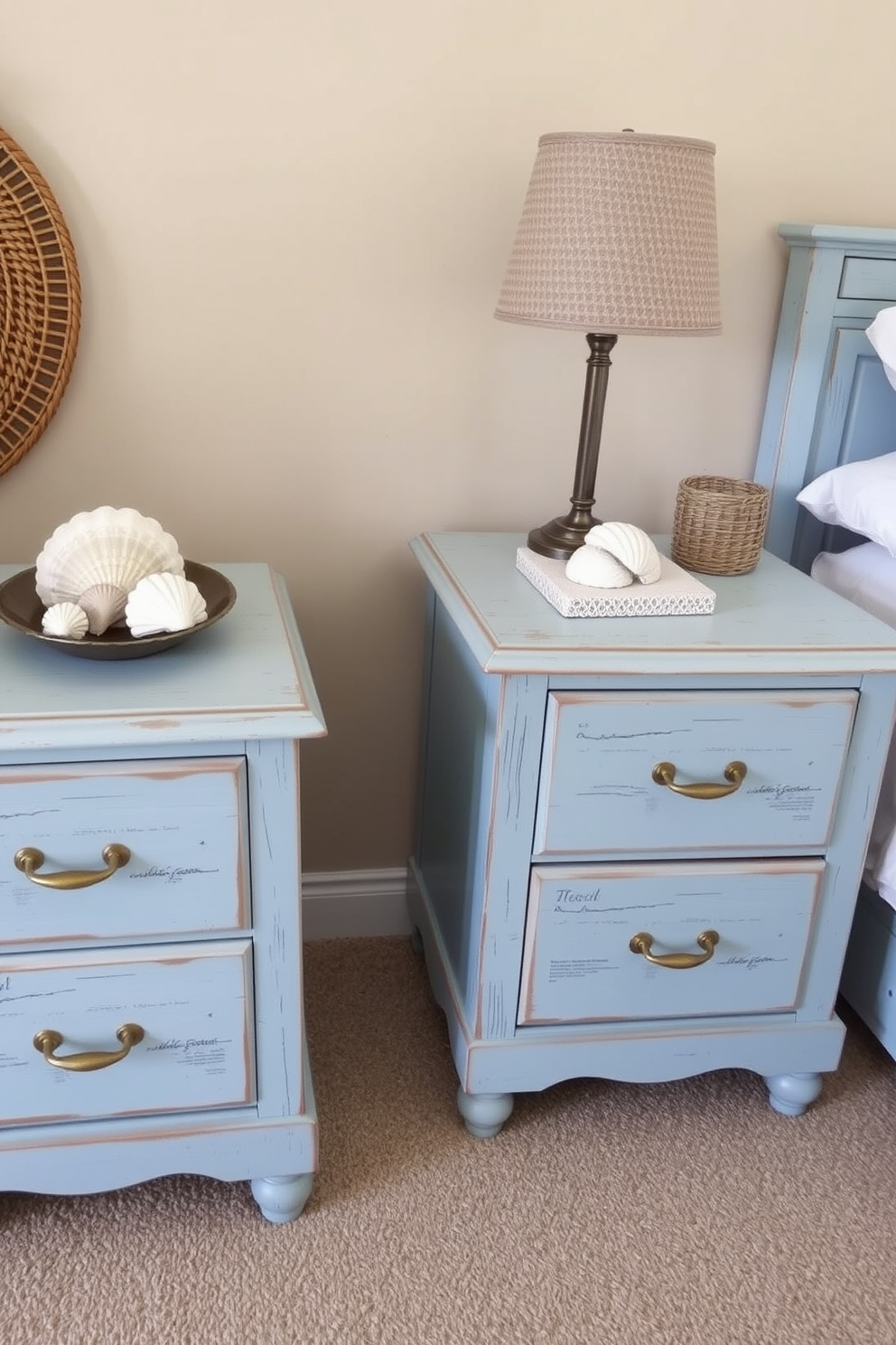 Coastal-themed nightstands with unique finishes. The nightstands feature a weathered wood texture with a soft blue paint finish, complemented by brass handles. The tops are adorned with decorative shells and a small lamp with a woven shade. The surrounding walls are painted in a light sandy beige, creating a serene beach-inspired atmosphere.