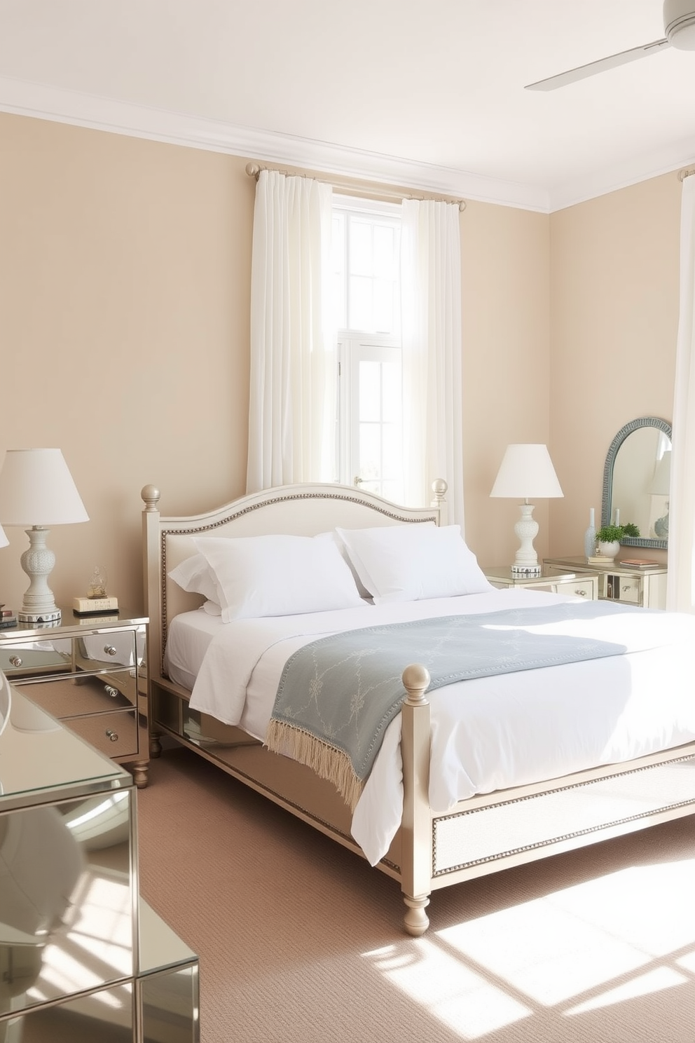 A serene coastal bedroom setting featuring shelves adorned with charming lighthouse figurines. The room is painted in soft blues and whites, with light wood accents that evoke a beachy atmosphere.