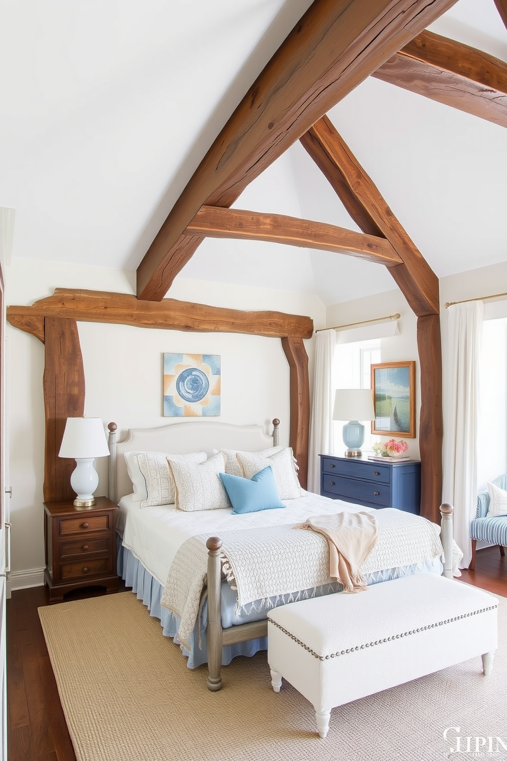 A serene coastal bedroom featuring soft white walls and natural wood accents. The bedding is a mix of light blues and sandy beige, complemented by sea glass decor scattered throughout the space. Large windows allow for ample natural light, with sheer curtains gently fluttering in the breeze. A cozy reading nook with a rattan chair sits in the corner, adorned with cushions in ocean-inspired colors.