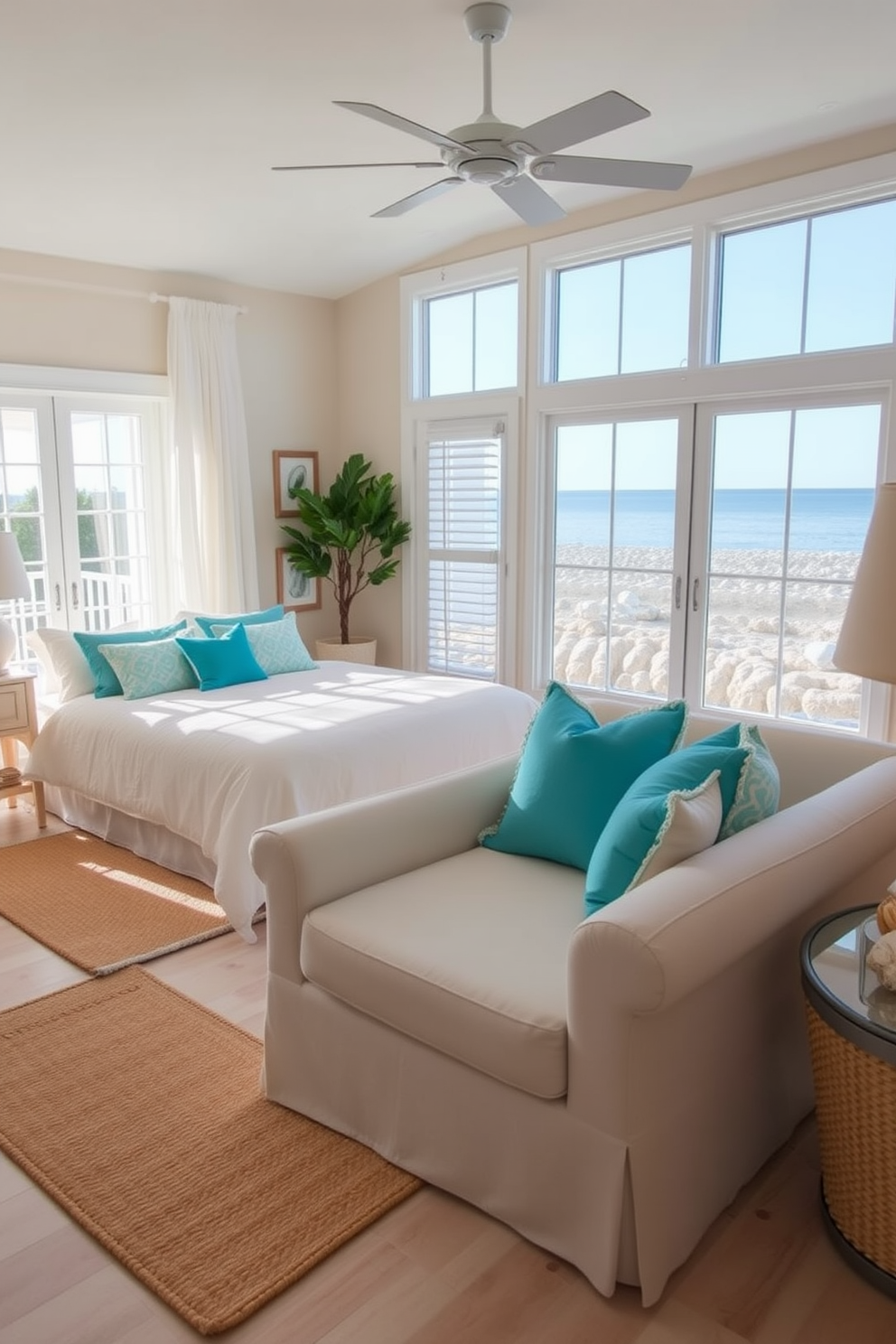 A serene coastal bedroom featuring neutral tones complemented by pops of turquoise. The walls are painted in a soft beige, while the bedding showcases vibrant turquoise accents, creating a refreshing atmosphere. Natural light floods the room through large windows adorned with sheer white curtains. A comfortable seating area with a light-colored loveseat and turquoise throw pillows invites relaxation. The floor is finished with light wood planks, and a woven area rug adds texture. Decorative elements include seashells and coastal-themed artwork, enhancing the beach-inspired aesthetic.