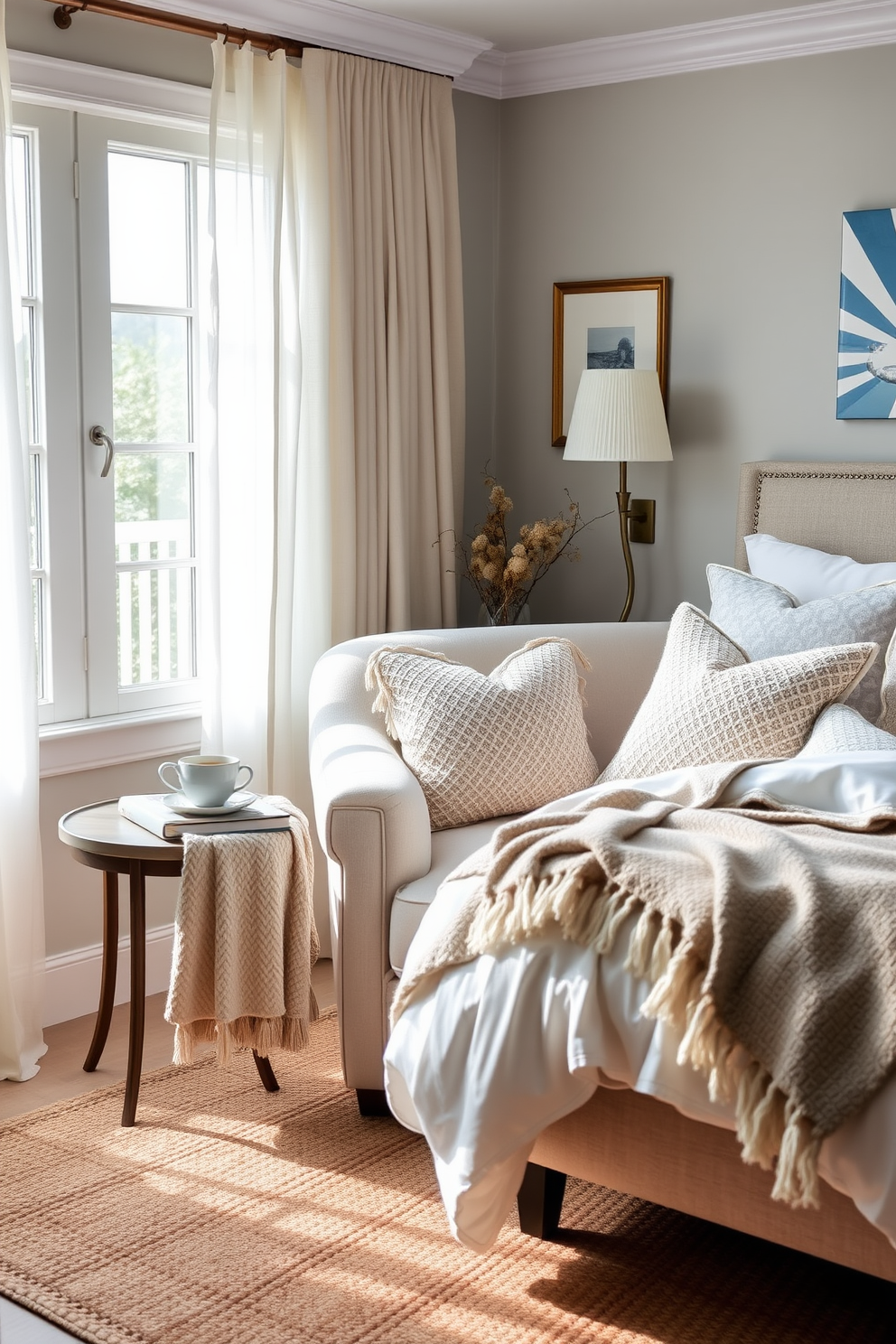 A cozy reading nook by the window features a plush armchair upholstered in soft fabric with a warm throw blanket draped over the side. A small side table holds a steaming cup of tea and a stack of well-loved books, while natural light pours in through sheer curtains. Coastal bedroom design ideas include a light and airy color palette with soft blues and sandy neutrals. The bedding is layered with textured throws and decorative pillows, and a woven rug adds warmth to the space.