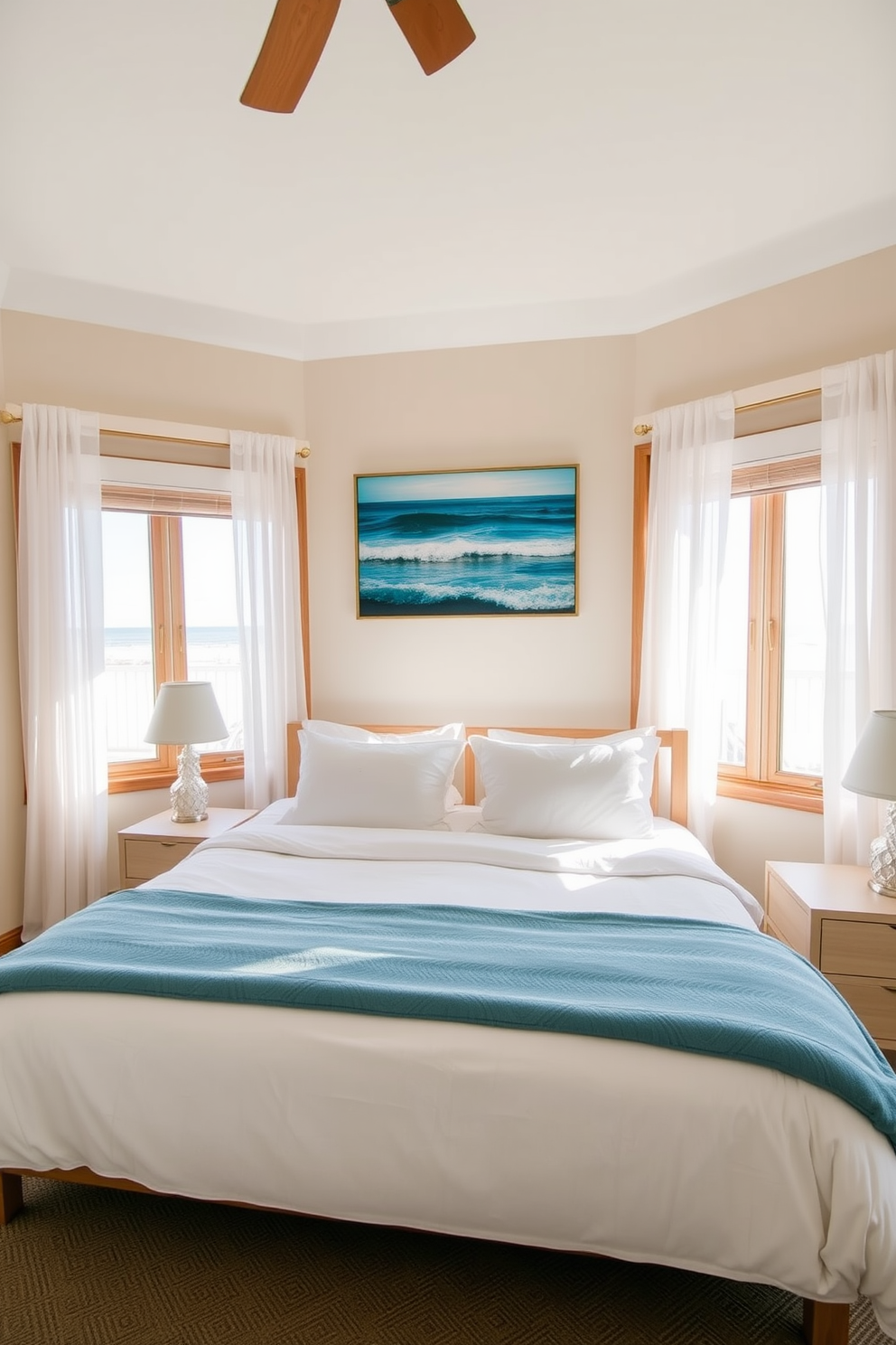 A coastal bedroom design featuring light wood flooring that enhances the beach vibe. The room is adorned with soft blue and white tones, complemented by natural textures and breezy curtains.