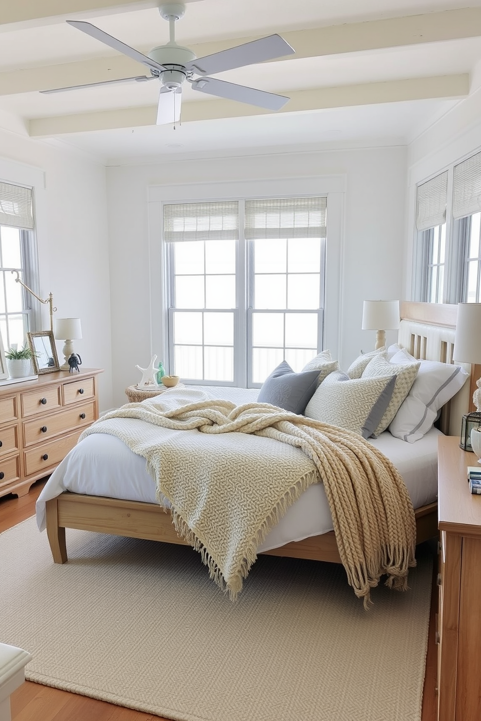 A cozy coastal bedroom featuring a large bed adorned with textured throw blankets in soft pastel colors. Natural light floods the room through large windows, highlighting the light wood furniture and ocean-inspired decor elements.