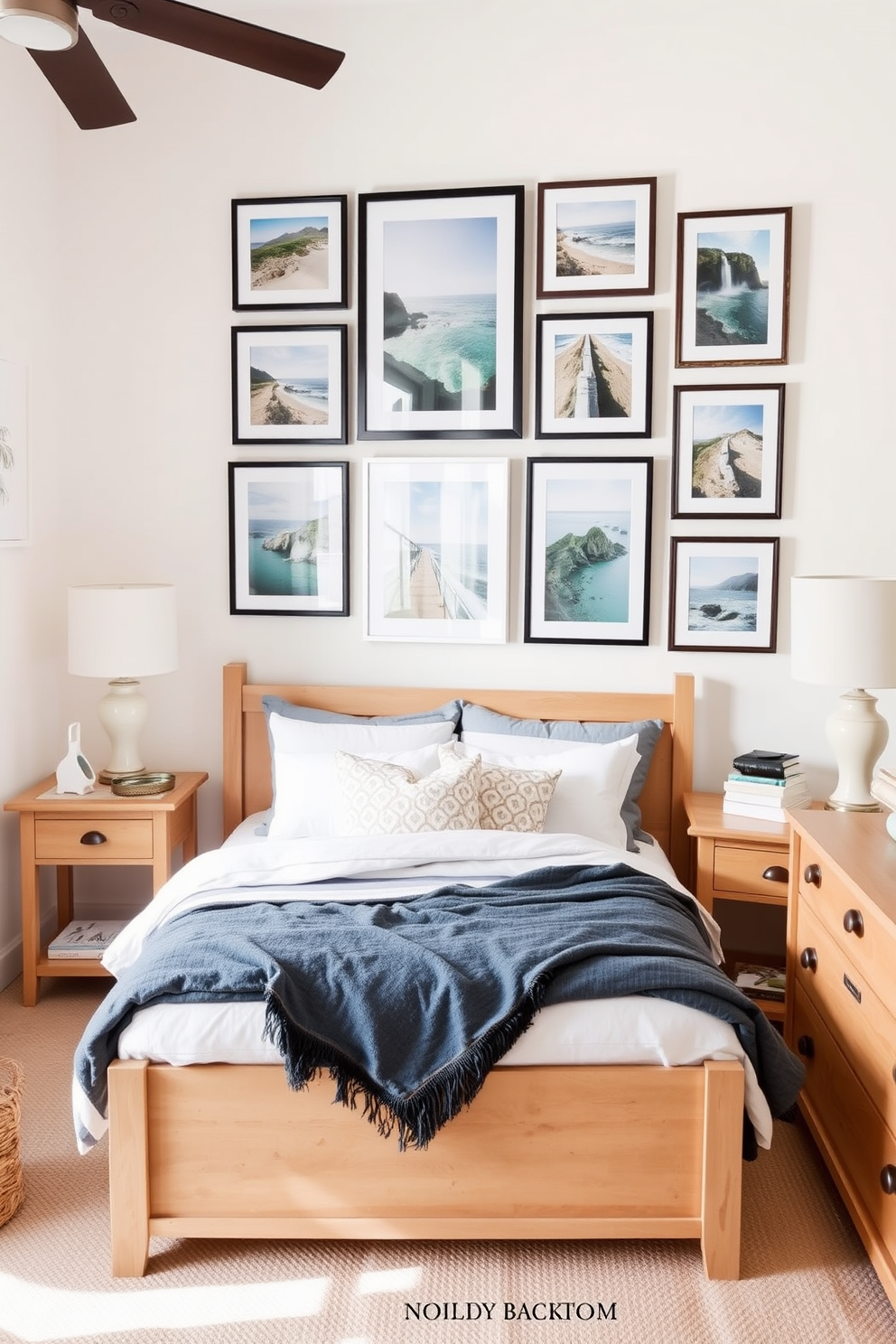 A serene coastal bedroom featuring framed photographs of coastal landscapes arranged in a gallery style on the wall. The bedding is a soft blue and white, complemented by light wooden furniture and accents of natural textures.