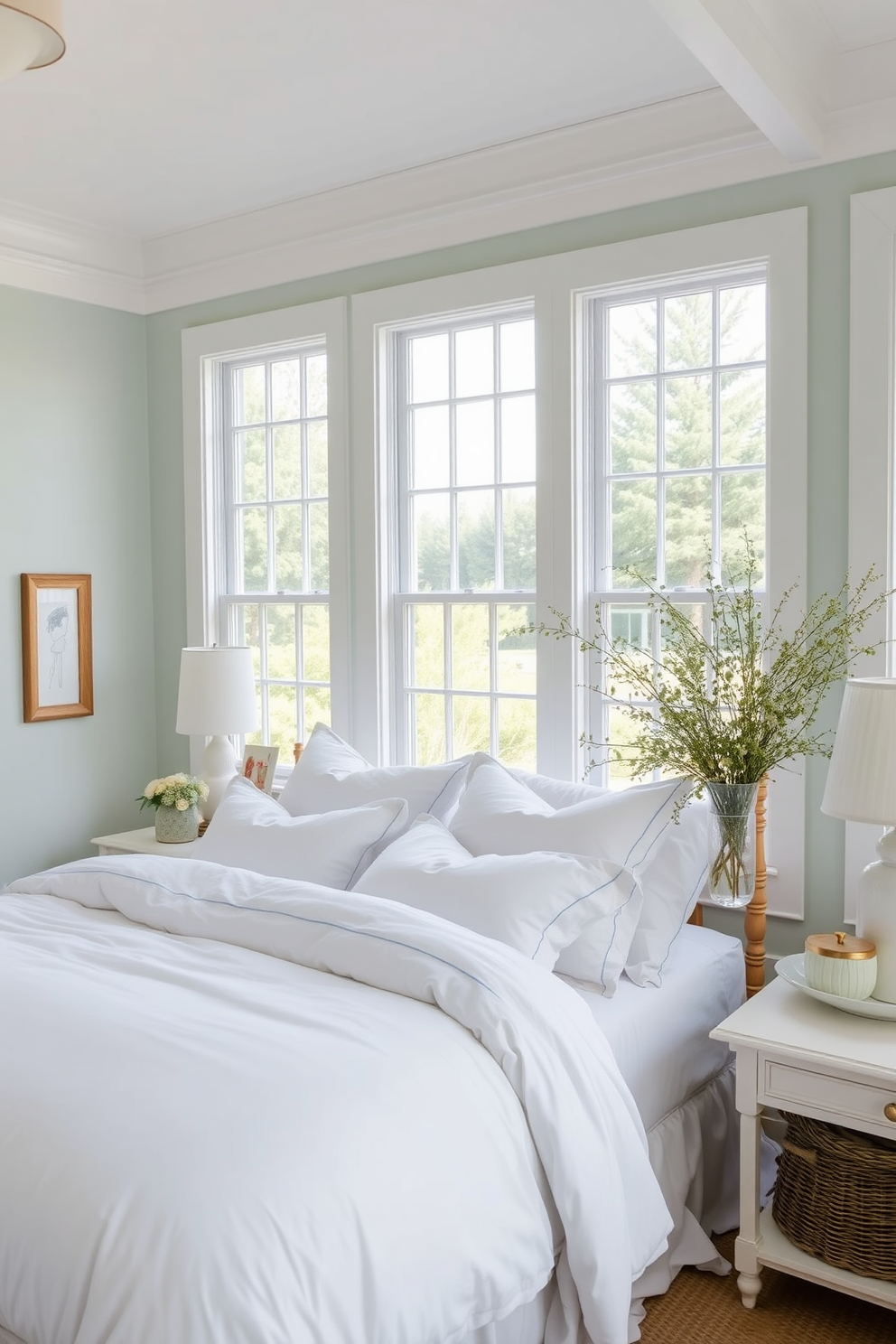 A coastal bedroom featuring layered white linens that create a breezy and inviting atmosphere. The walls are painted in a soft seafoam green, and large windows allow natural light to flood the space, enhancing the airy vibe.