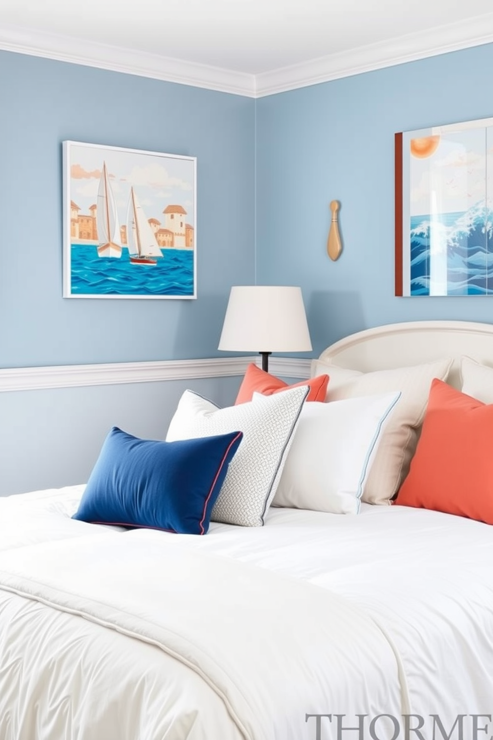 Nautical-themed artwork adorns the walls, featuring vibrant depictions of sailboats and ocean waves. The room is painted in soft shades of blue and white, creating a serene coastal atmosphere. Coastal bedroom design ideas incorporate light, airy fabrics and natural textures. A plush white bedspread is complemented by decorative pillows in shades of navy and coral, evoking a beachside retreat.