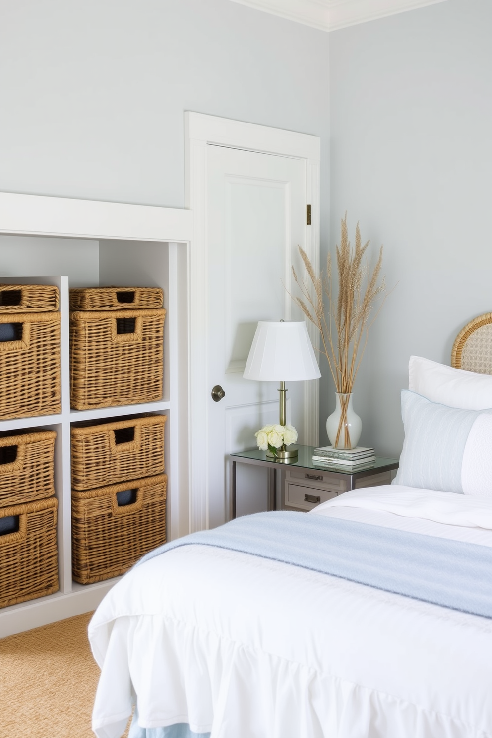 Coastal themed artwork adorns the walls, featuring serene ocean landscapes and vibrant beach scenes. The color palette includes soft blues, sandy beiges, and crisp whites, creating a tranquil atmosphere. The bedroom design incorporates a light wood bed frame with white linens and a woven throw blanket. Large windows allow natural light to flood the space, complemented by sheer curtains that sway gently in the breeze.