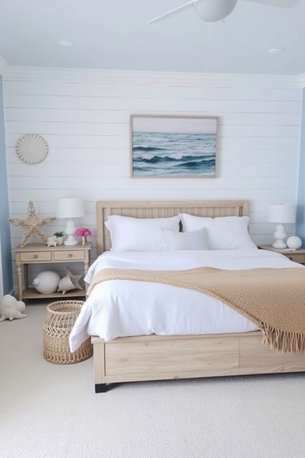 A serene coastal bedroom filled with light and airy vibes. The walls are painted in a soft blue hue, complemented by white shiplap accents. Seashell decor accents are thoughtfully placed throughout the room, adding a touch of beach-inspired charm. A large, comfortable bed with crisp white linens and a woven throw is positioned against a feature wall adorned with ocean-themed artwork.