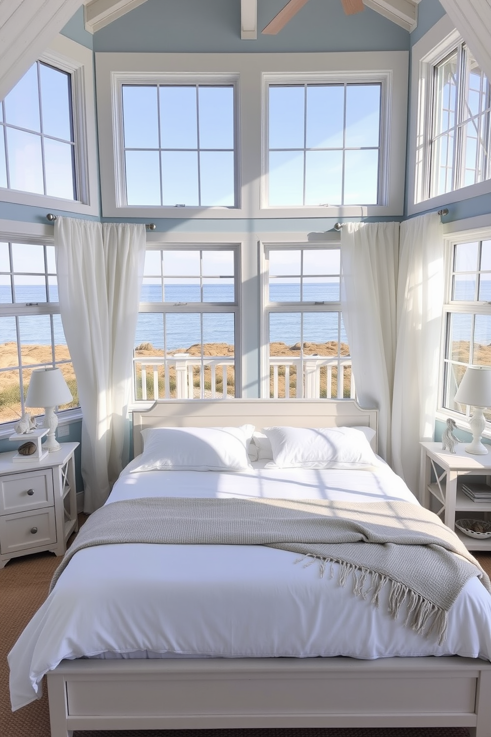 A serene coastal bedroom with large windows that allow abundant natural light to flood the space. The walls are painted in soft blue tones, complemented by white wooden accents and light, airy curtains that flutter gently in the breeze. A plush king-sized bed is dressed in crisp white linens and a light beige throw blanket, positioned to take advantage of the view. Nautical-themed decor, such as seashells and driftwood accents, adorns the nightstands and shelves, creating a tranquil seaside atmosphere.