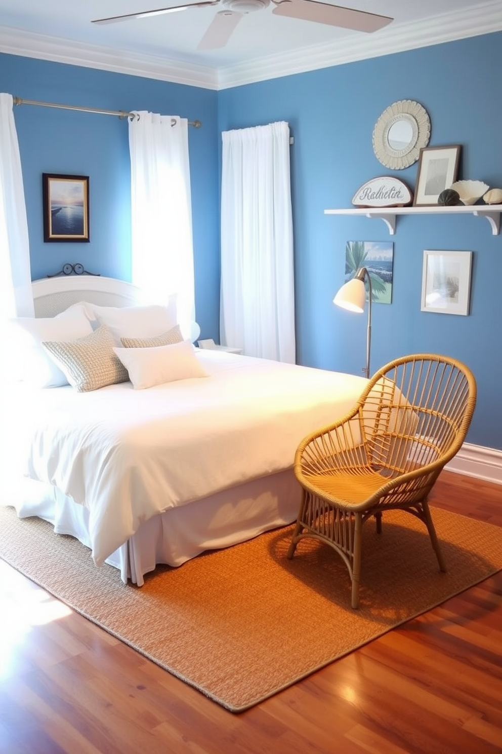 A serene coastal bedroom featuring a soft blue accent wall that complements crisp white bedding layered with textured throw pillows. Natural light floods the space through sheer white curtains, highlighting a woven jute rug that adds warmth to the hardwood floor. In one corner, a stylish rattan chair is paired with a small side table, creating a cozy reading nook. Nautical-themed artwork adorns the walls, while decorative seashells are displayed on a shelf, enhancing the coastal vibe.