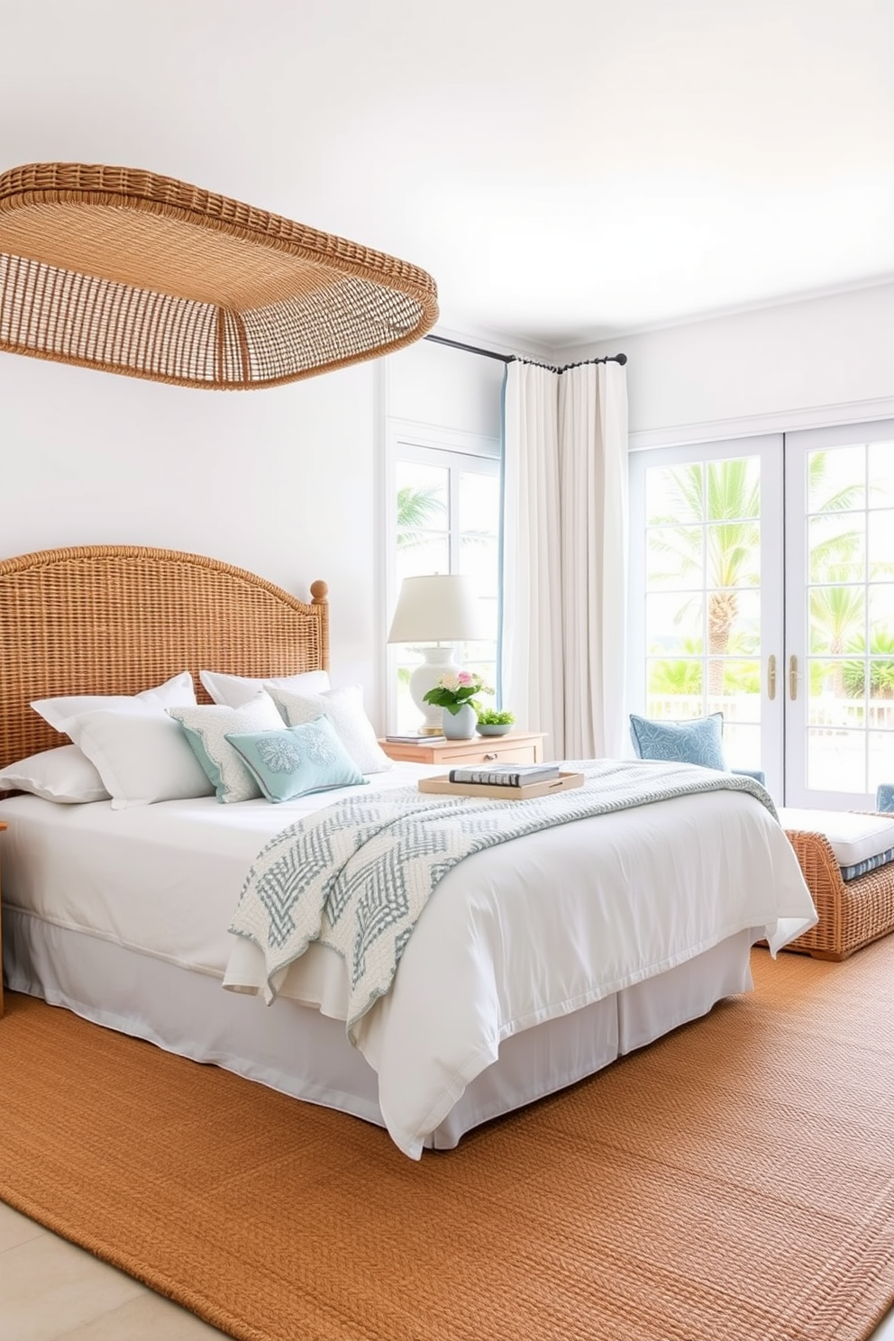 A serene coastal bedroom featuring a rattan headboard that adds a tropical touch. The walls are painted in soft white, complemented by light blue accents in the bedding and curtains. Natural light floods the room through large windows, showcasing views of palm trees swaying outside. A woven jute rug lies underfoot, adding texture and warmth to the space.