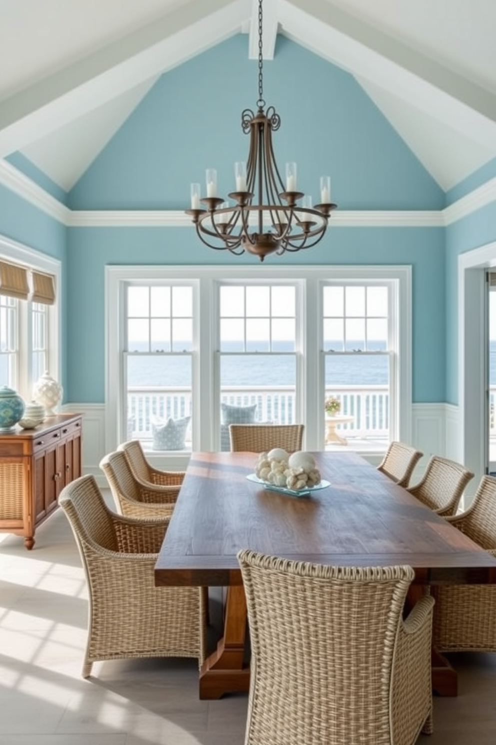 A coastal dining room with light blue walls and crisp white trim creates a serene atmosphere. A large wooden dining table is surrounded by woven chairs, and a statement chandelier hangs above, adding a touch of elegance. A buffet table against one wall showcases decorative glassware and seashell accents. Large windows allow natural light to flood the space, offering views of the ocean and enhancing the coastal vibe.