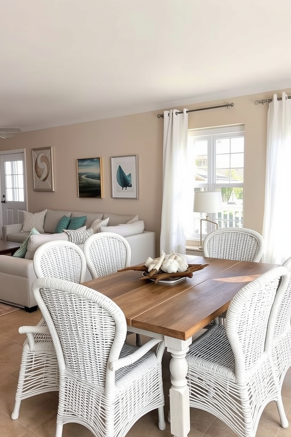 Textured throw pillows in ocean hues are scattered across a light gray sectional sofa, creating a serene and inviting atmosphere. The dining table is a reclaimed wood piece surrounded by white wicker chairs, with a centerpiece of seashells and driftwood to enhance the coastal theme. The walls are painted a soft sandy beige, complemented by ocean-inspired artwork that adds a touch of color. Large windows allow natural light to flood the space, adorned with sheer white curtains that gently flutter in the breeze.