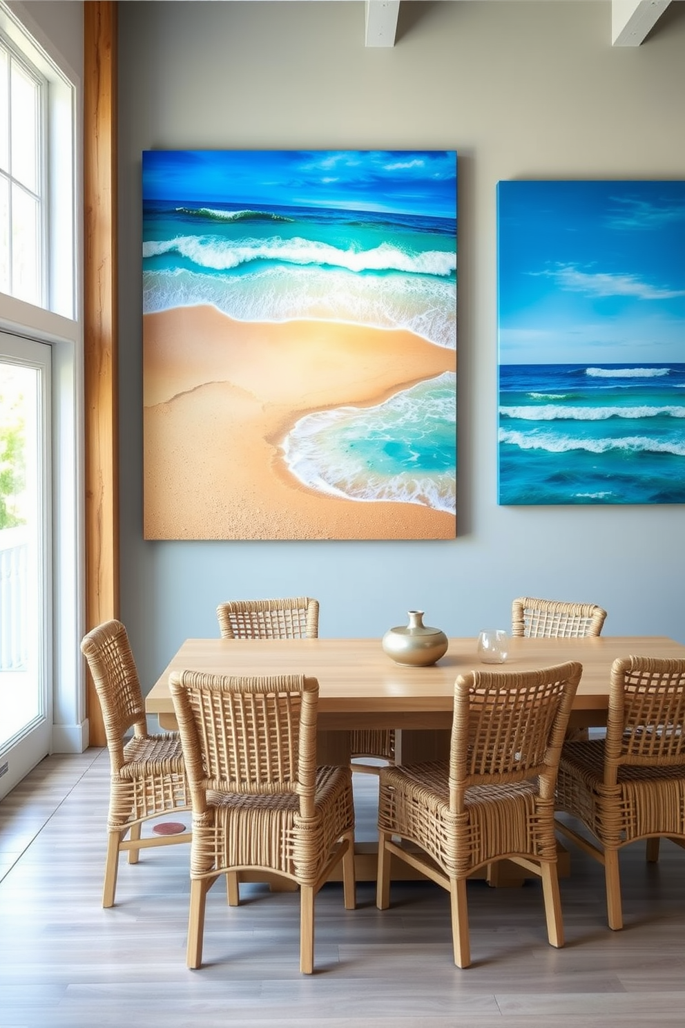 Beachy wall art featuring ocean scenes. The artwork showcases vibrant blues and sandy tones, capturing the essence of the sea. Coastal dining room design ideas. The space features a light-colored wooden table surrounded by woven chairs, with large windows allowing natural light to fill the room.