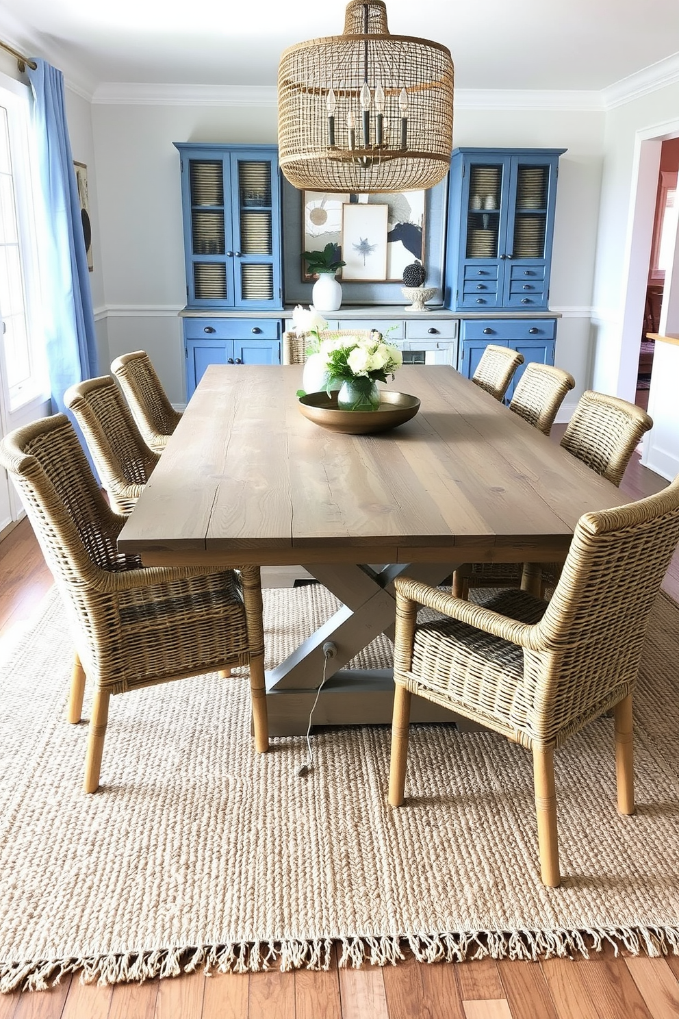 A coastal dining room features a large wooden table with a weathered finish surrounded by woven chairs. Natural fiber rugs are layered underneath the table to add warmth and texture to the space.