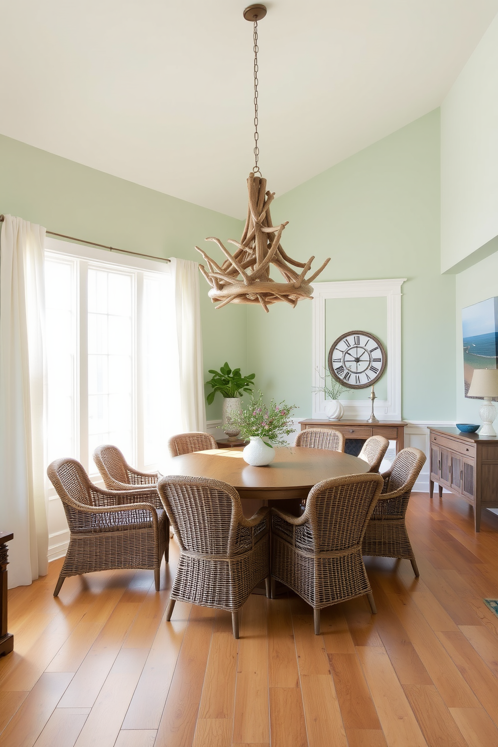 Light wood flooring creates a warm and inviting atmosphere, enhancing the coastal vibe of the dining room. The space features a large wooden dining table surrounded by wicker chairs, with natural light streaming in through large windows adorned with sheer white curtains. A statement chandelier made of driftwood hangs above the table, adding an organic touch to the design. The walls are painted in a soft seafoam green, complemented by nautical-themed decor and artwork that reflects the beauty of coastal living.