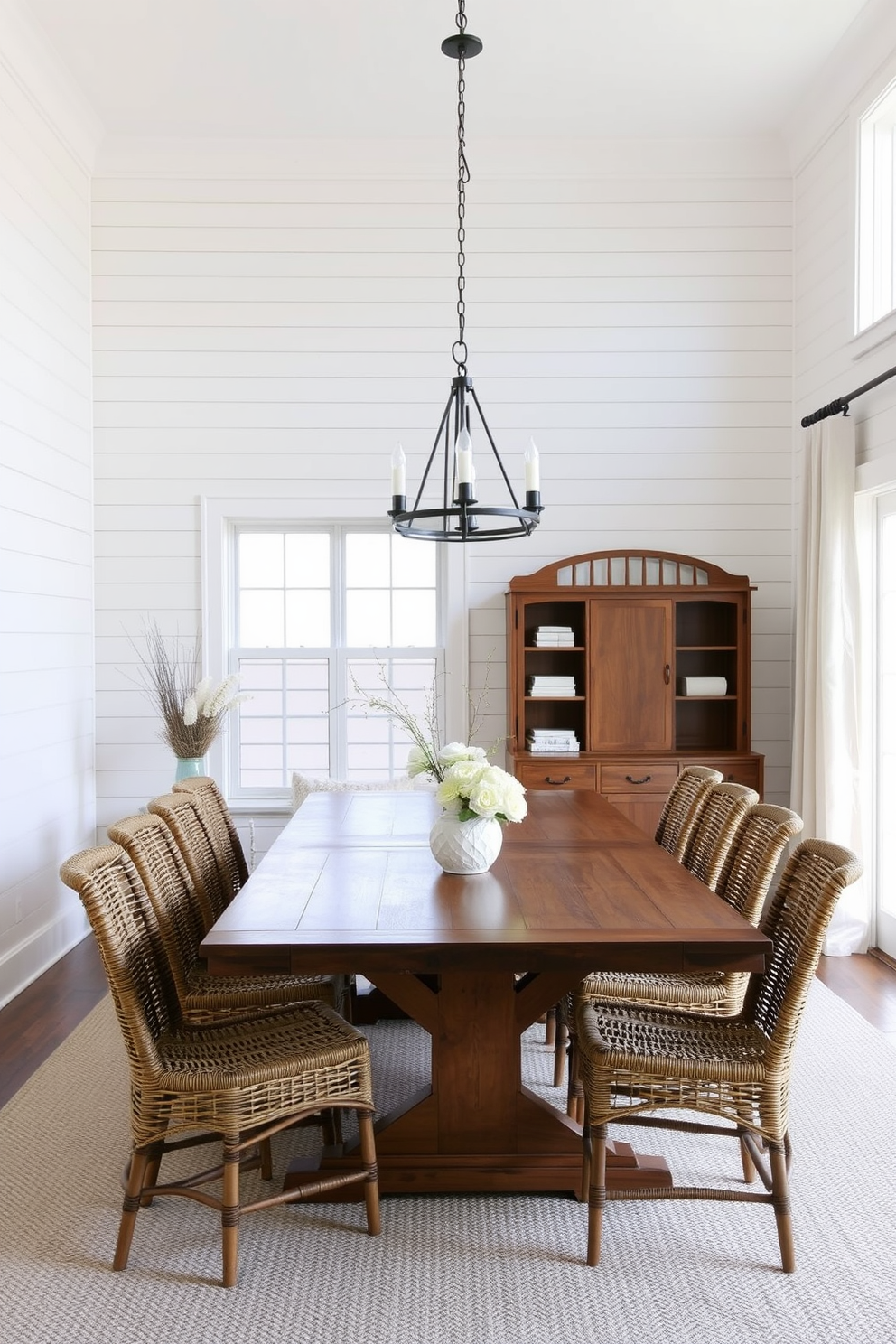 A coastal dining room features an accent wall adorned with shiplap paneling painted in a soft white hue. The room is filled with natural light, showcasing a large wooden dining table surrounded by woven chairs that evoke a relaxed seaside atmosphere.