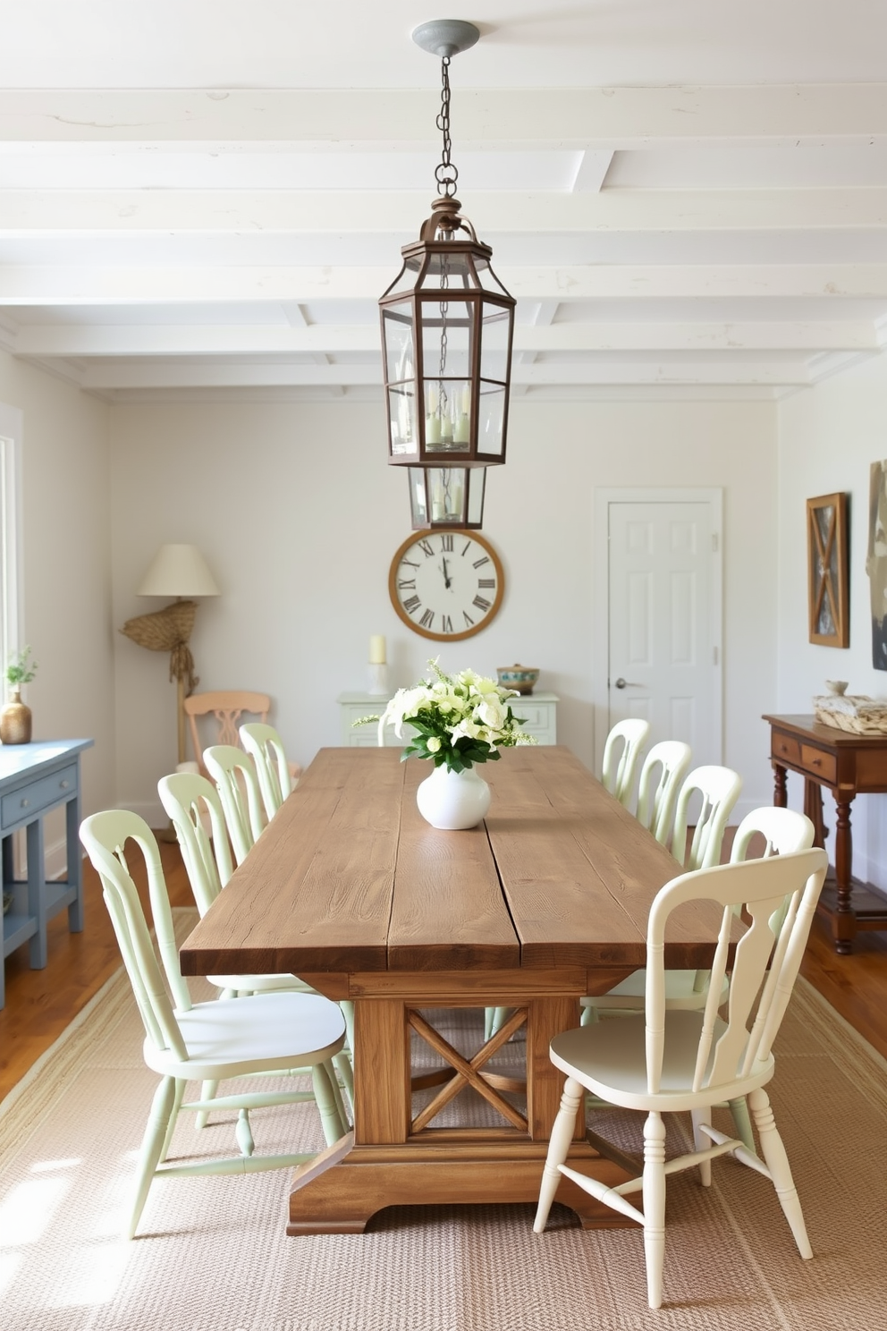 A coastal dining room features a large wooden table with a weathered finish surrounded by mismatched chairs in soft pastel colors. Vintage lanterns hang from the ceiling, providing warm ambient lighting that enhances the relaxed beachy vibe of the space.