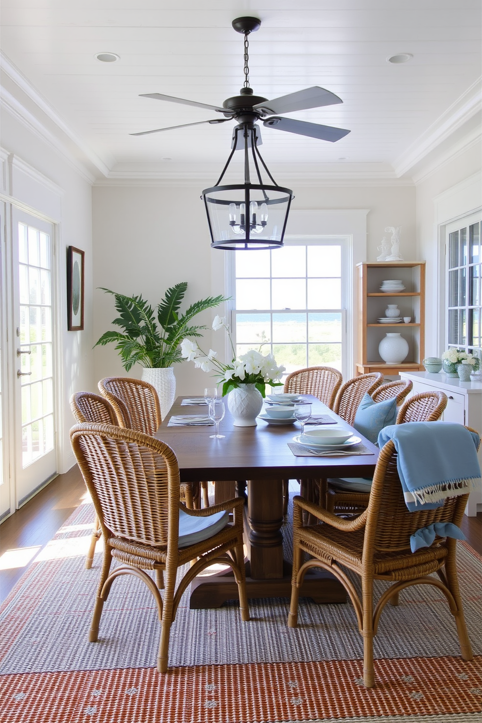 A coastal dining room features woven rattan chairs arranged around a rustic wooden table. The space is adorned with soft blue accents, and large windows allow natural light to flood in, enhancing the airy atmosphere.