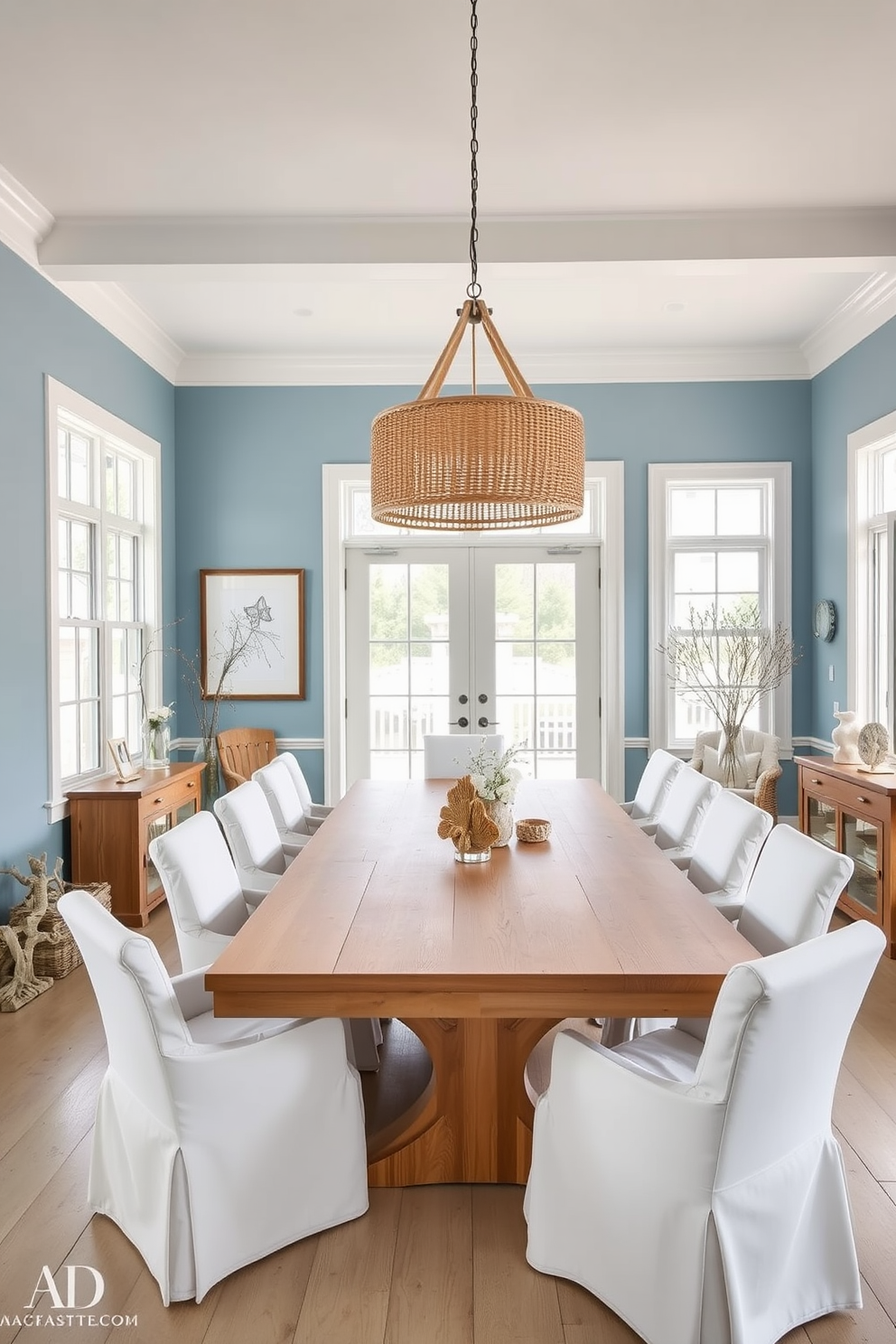 A bright and airy dining room featuring a large wooden table with a natural finish surrounded by white slipcovered chairs. The walls are painted in soft blue tones, and large windows allow plenty of natural light to fill the space. Above the table, a modern chandelier made of woven rattan adds a touch of coastal charm. Accents of driftwood and seashell decor are scattered throughout the room, enhancing the relaxed coastal vibe.