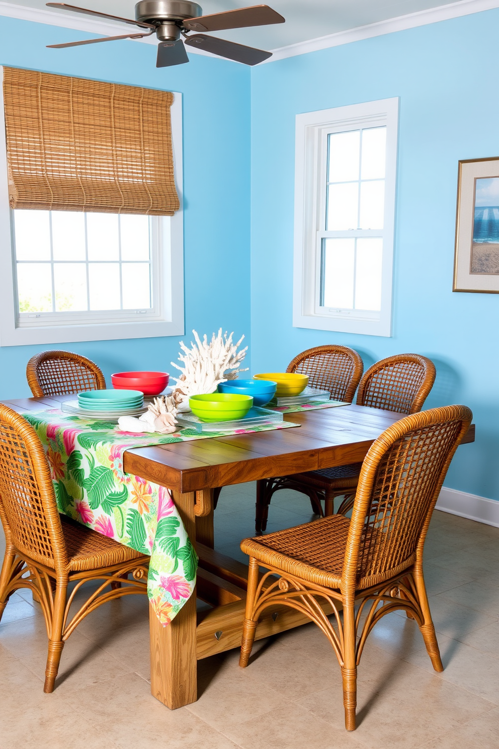 A coastal themed dining room features a light wooden table adorned with soft blue and white tableware. The table is set with matching plates, bowls, and glasses that reflect the serene hues of the ocean. Surrounding the table are woven chairs that add texture and warmth to the space. The walls are painted in a crisp white, complemented by decorative elements like seashells and nautical artwork.