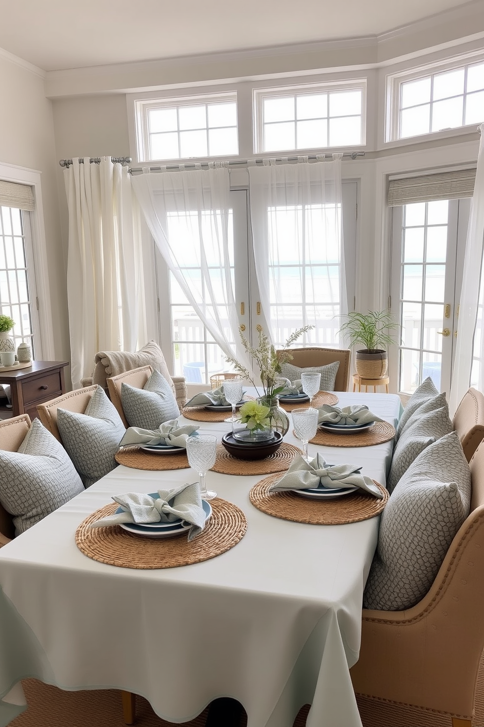 A coastal dining room featuring an accent wall adorned with a vibrant ocean mural. The room is filled with natural light, highlighting a large wooden dining table surrounded by comfortable upholstered chairs.