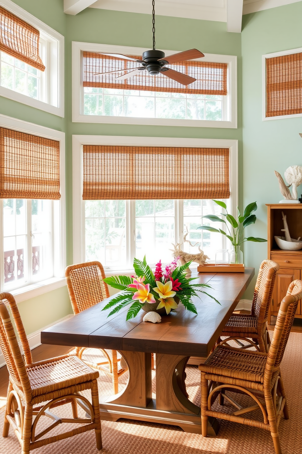 A coastal dining room features a large wooden table surrounded by rattan chairs with soft cushions. The walls are painted in a light blue hue, and bamboo blinds are drawn up to let in natural light while adding a tropical touch.