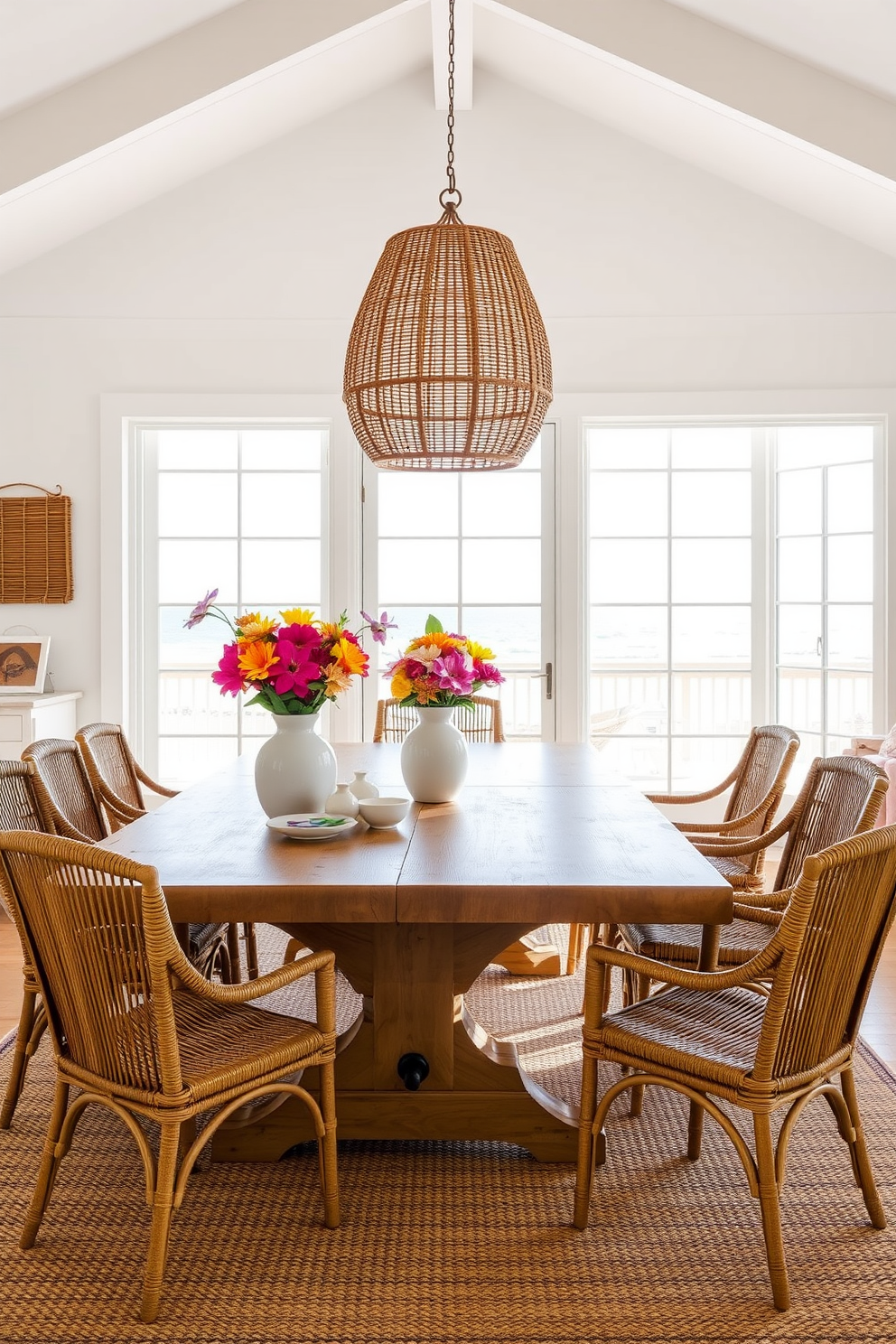 A whimsical coastal dining room features ceramic fish decor adorning the walls and table, bringing a playful touch to the space. The dining table is made of reclaimed wood, surrounded by light blue upholstered chairs that complement the beachy theme.