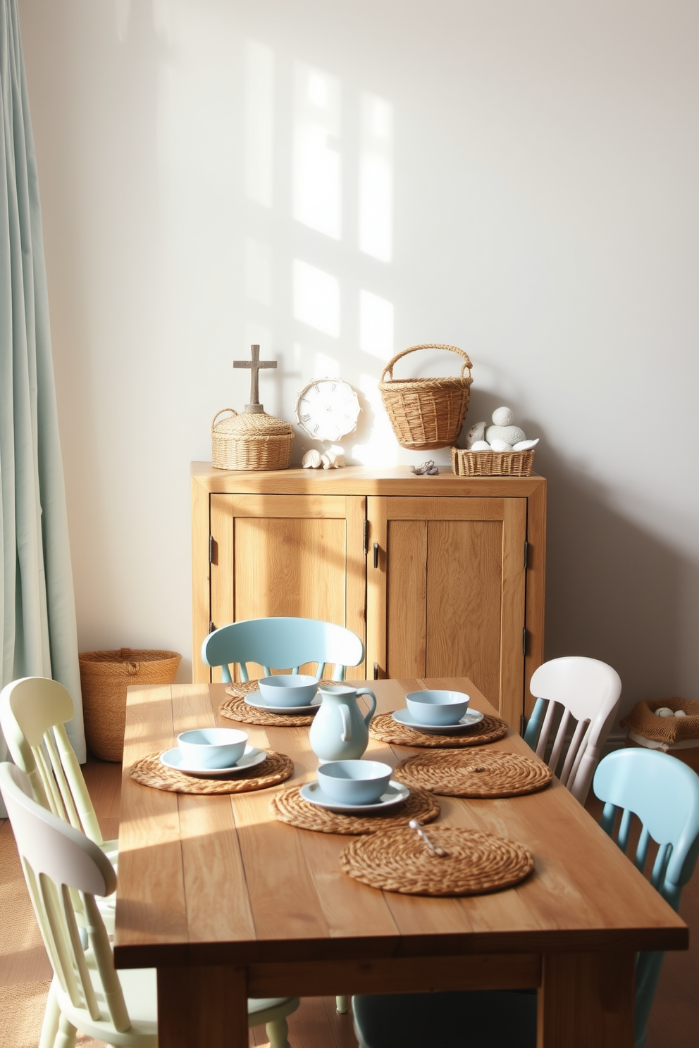 A coastal dining room features sandy beige curtains that gently frame the large windows, allowing natural light to filter through and create a warm ambiance. The dining table is a rustic wood finish, surrounded by comfortable chairs upholstered in light blue fabric, evoking a serene seaside atmosphere.