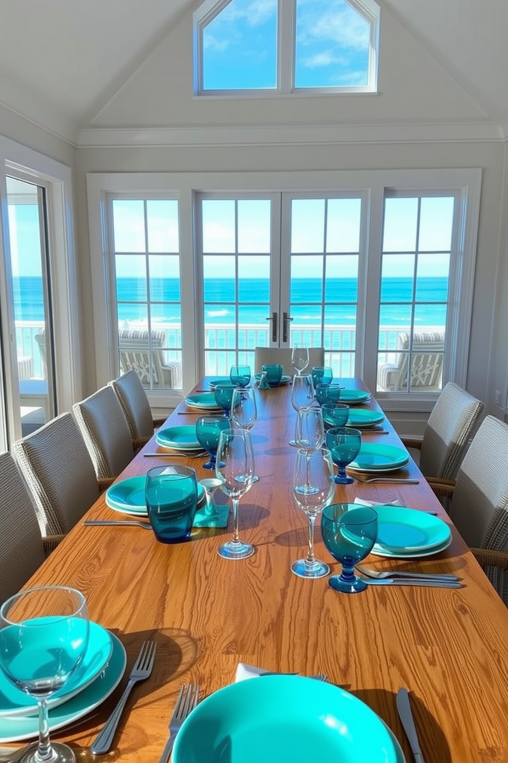 A glass dining table sits at the center of the room surrounded by upholstered chairs in soft pastel colors. Large windows allow natural light to flood the space, enhancing the airy and open feel of the coastal dining room. The walls are painted in a light sandy beige, complementing the sea-inspired decor throughout. Nautical accents such as driftwood centerpieces and seashell decorations add a charming touch to the overall design.