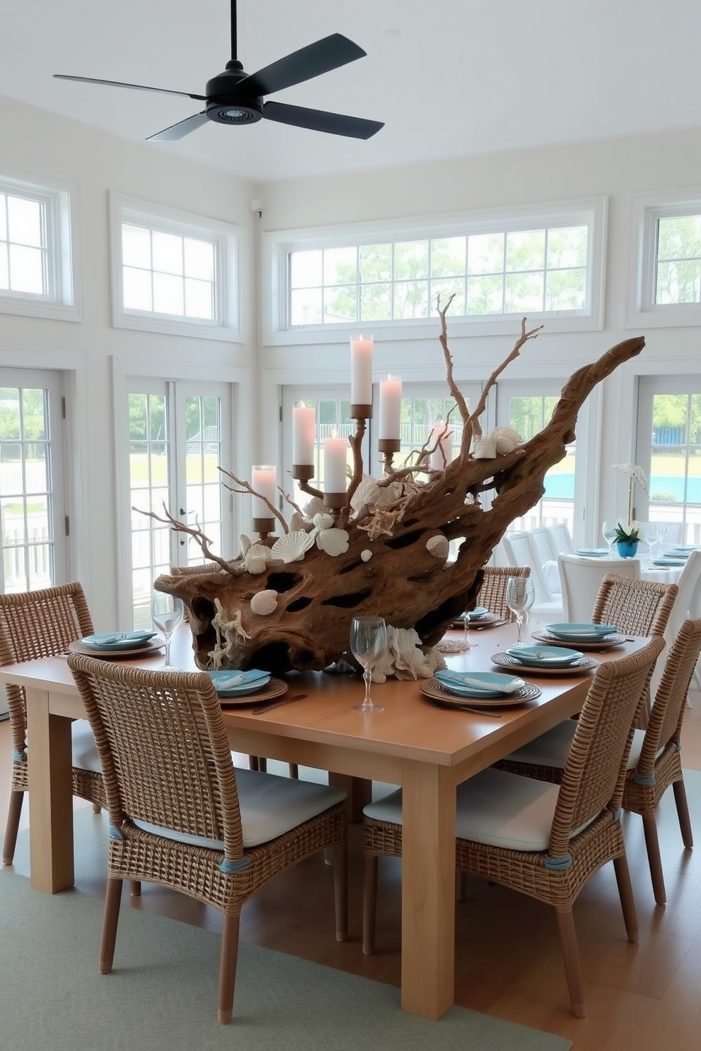 Coastal themed centerpieces with driftwood create a serene and inviting atmosphere. A large piece of driftwood serves as the focal point, adorned with seashells and candles, enhancing the natural beauty of the dining space. The dining room features a light-colored wooden table surrounded by woven chairs. Soft blue accents in the tableware and decor complement the coastal theme, while large windows allow natural light to flood the room.