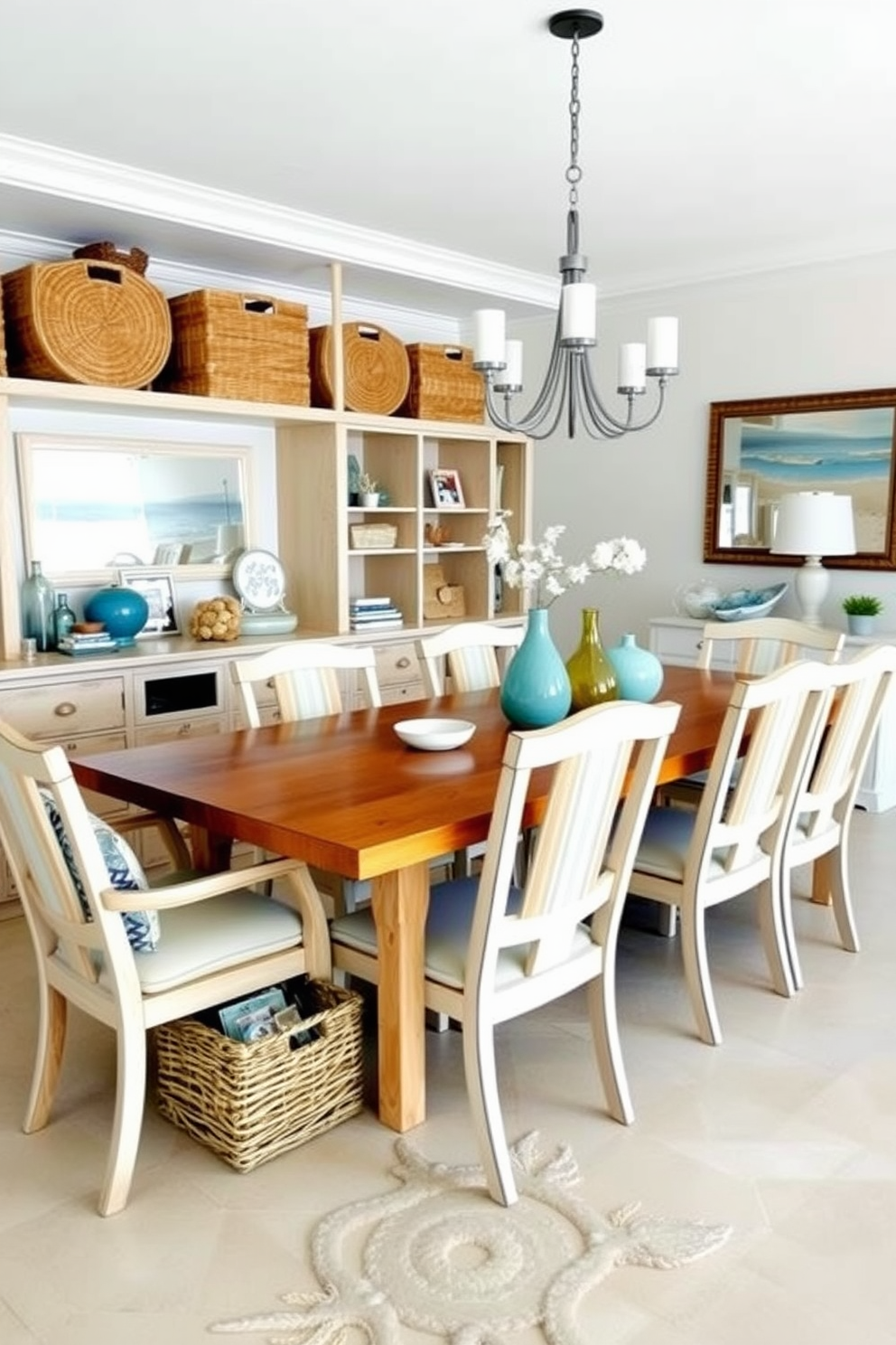 A coastal dining room featuring rustic wooden beams that add architectural interest to the space. The room is filled with natural light, showcasing a large wooden dining table surrounded by woven chairs and accented by soft blue and white decor.