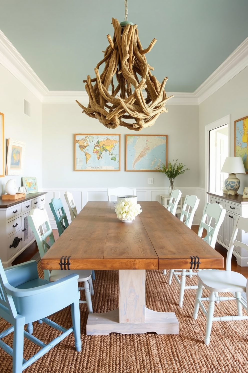 A coastal dining room features a large wooden table with a weathered finish surrounded by mismatched chairs in soft blue and white hues. The walls are adorned with framed seashell art and nautical maps, while a woven jute rug adds texture underfoot. A statement chandelier made of driftwood hangs above the table, casting a warm glow over the space. Accents of coral and sea glass are scattered throughout, enhancing the seaside ambiance.