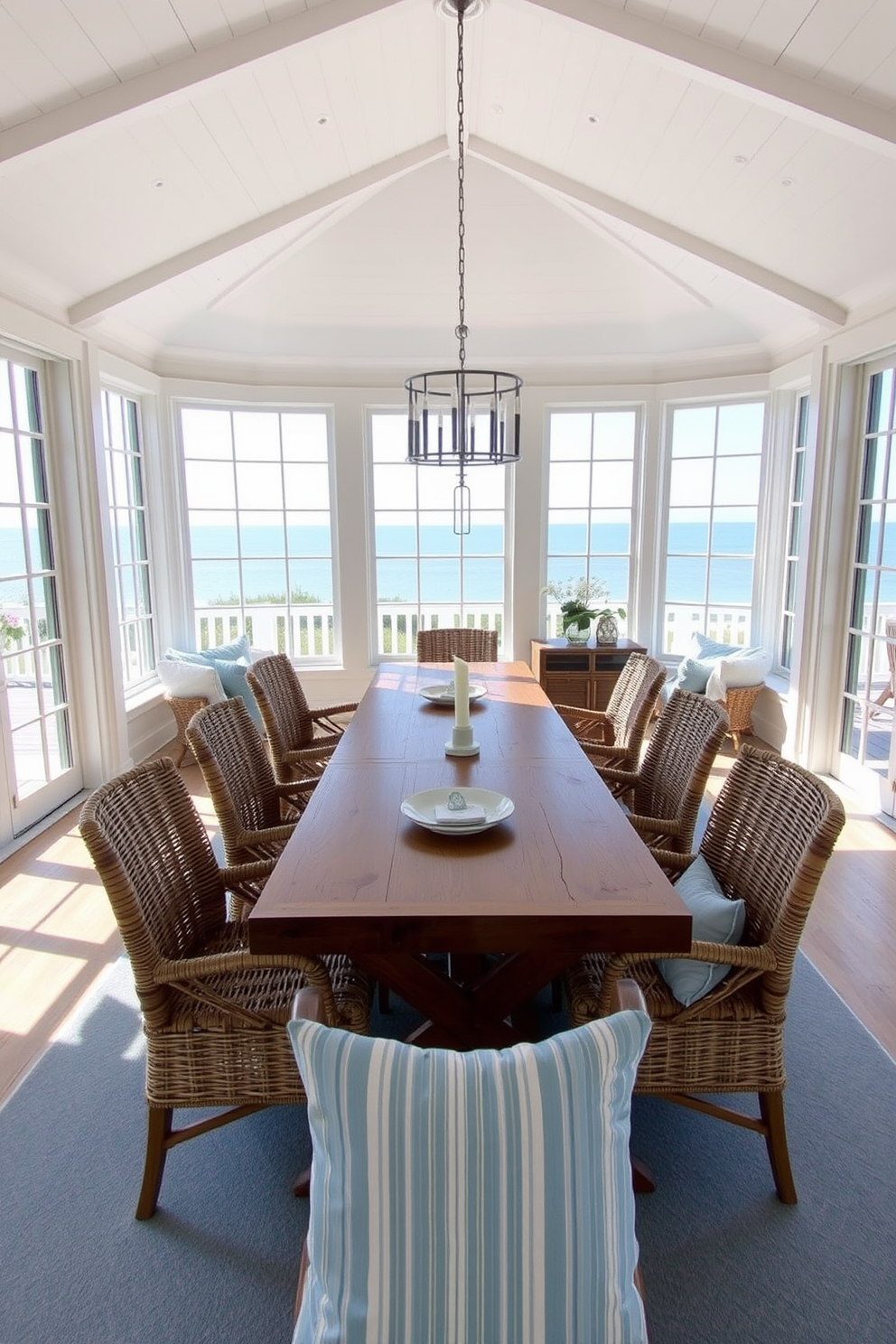 A coastal dining room featuring soft blue accents in decor items. The walls are painted in a light sandy beige, and the dining table is made of reclaimed wood with a weathered finish. Light blue upholstered chairs surround the table, complementing the beachy theme. A large, woven pendant light hangs above the table, adding warmth and texture to the space.