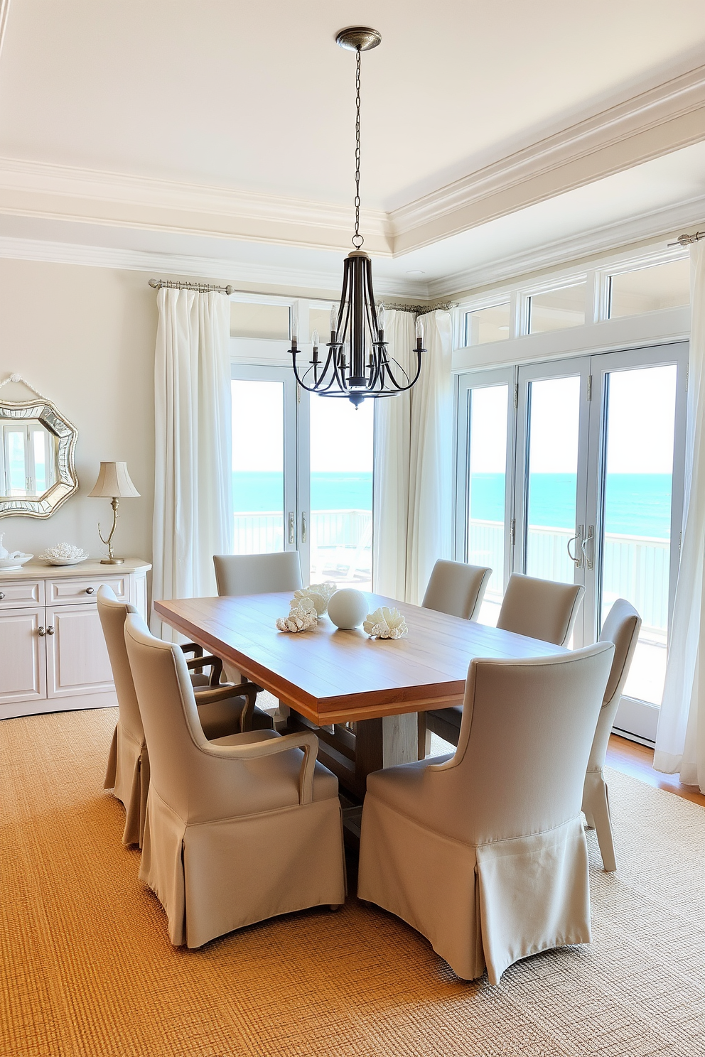 A coastal dining room featuring a soft pastel color palette that creates a serene atmosphere. The table is made of light wood and is surrounded by comfortable upholstered chairs in muted tones. Large windows allow natural light to flood the space, showcasing the ocean view outside. Decorative elements include seashell centerpieces and light, airy curtains that flutter gently in the breeze.